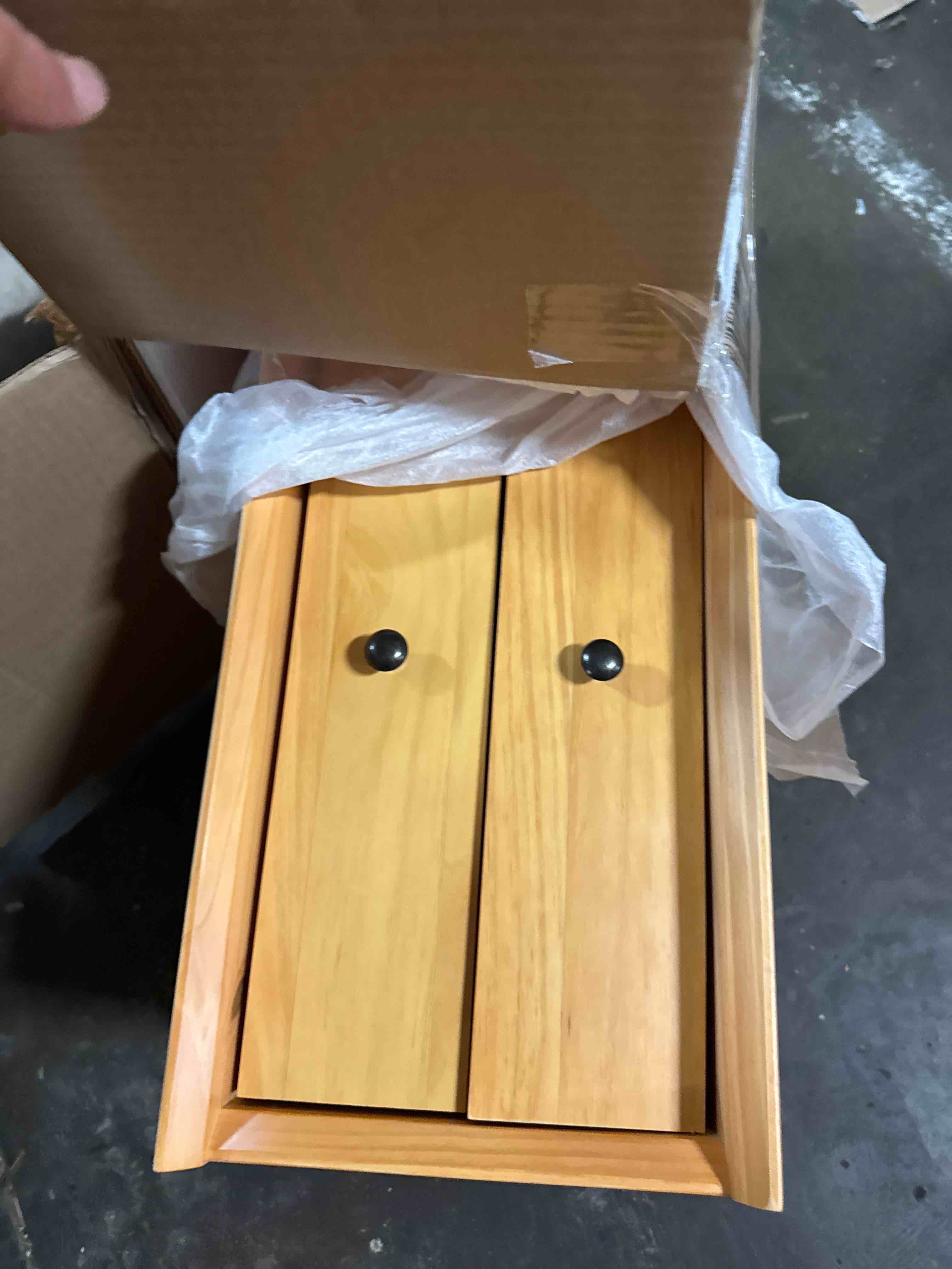 Condition photo showing New/Like New for mid-century night stand / 2 drawer / solid wood / 24"h / easy assembly, scandinavian oak finish
