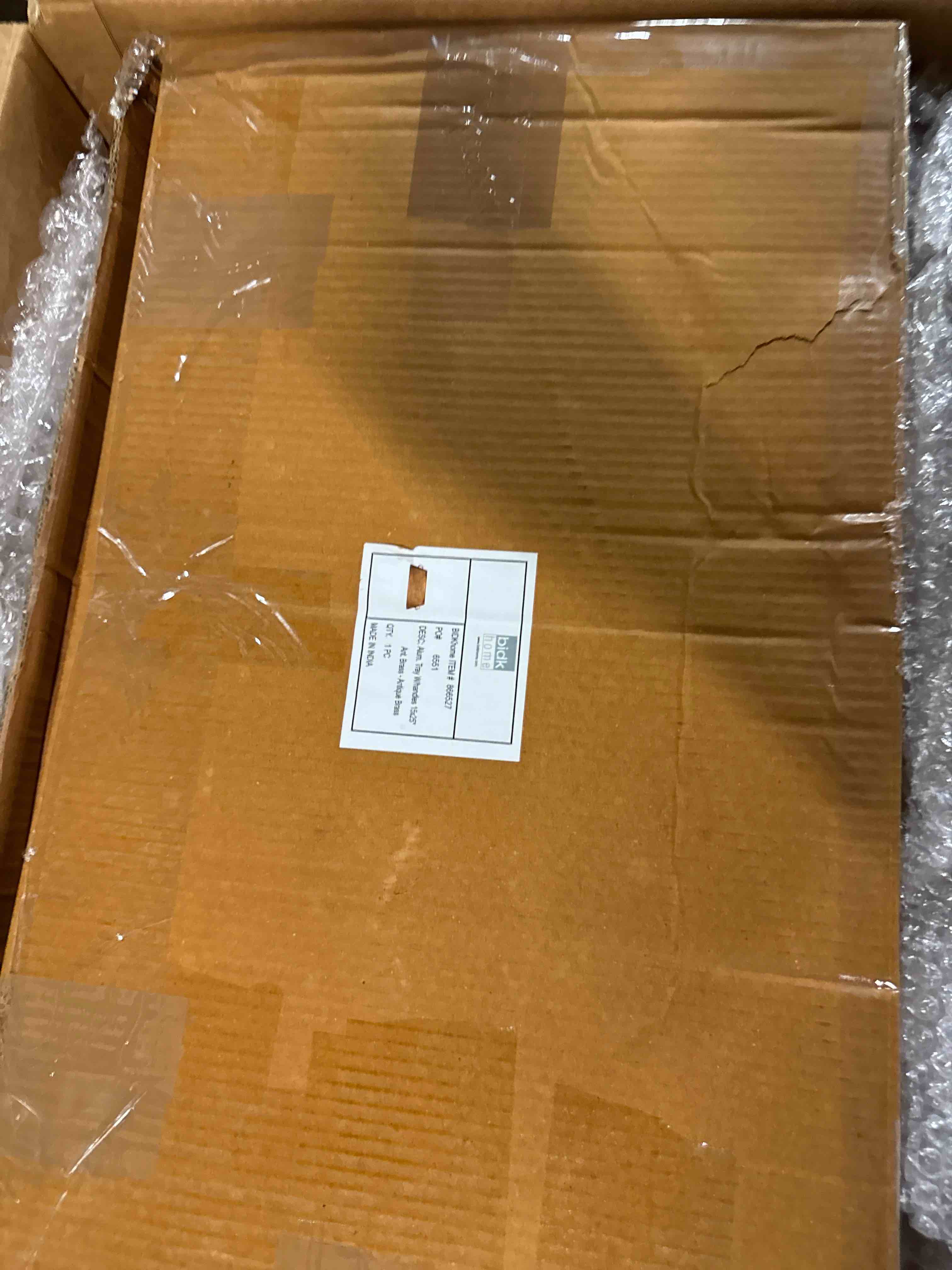 Condition photo showing New/Like New for deco 79 aluminum metal living room decor tray square ottoman tray with handles, serving tray 22" x 18" x 2", gold
