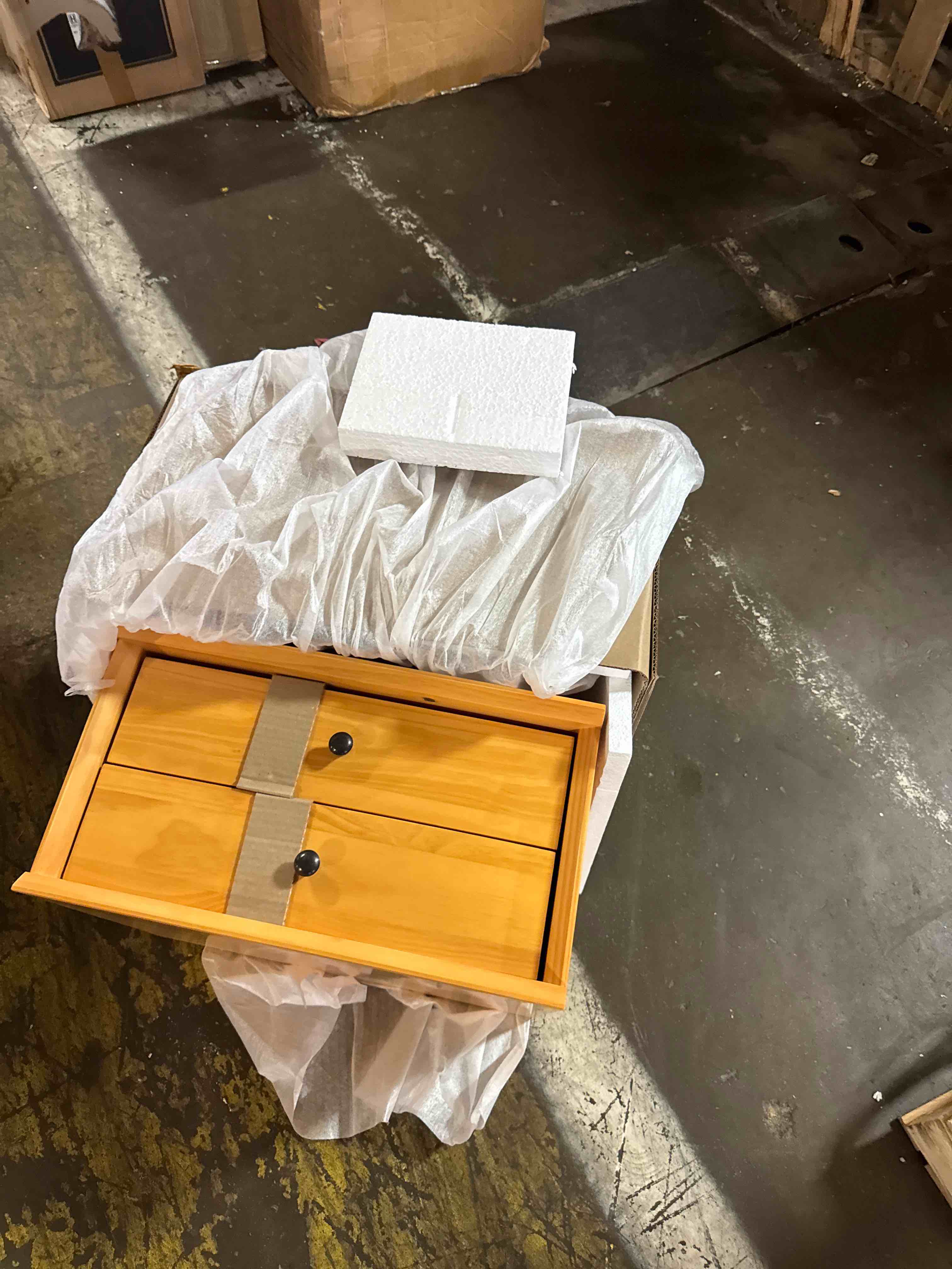 Condition photo showing New/Like New for mid-century night stand / 2 drawer / solid wood / 24"h / easy assembly, scandinavian oak finish