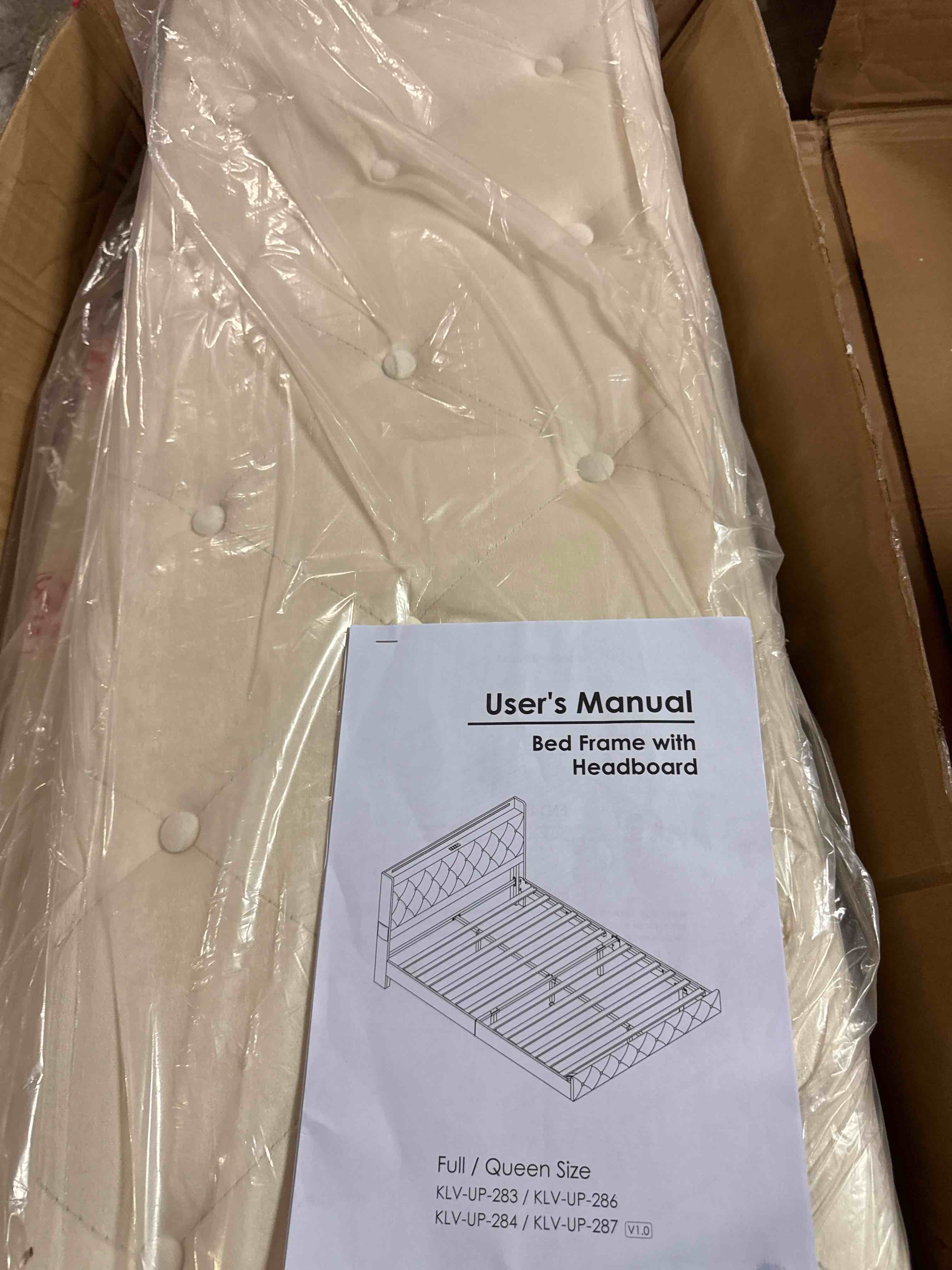 Condition photo showing New/Like New for barnfurin full size bed frame, upholstered platform bed with button tufted headboard, princess platform bed with diamond design, wooden slats support, no box spring required, easy assembly, white