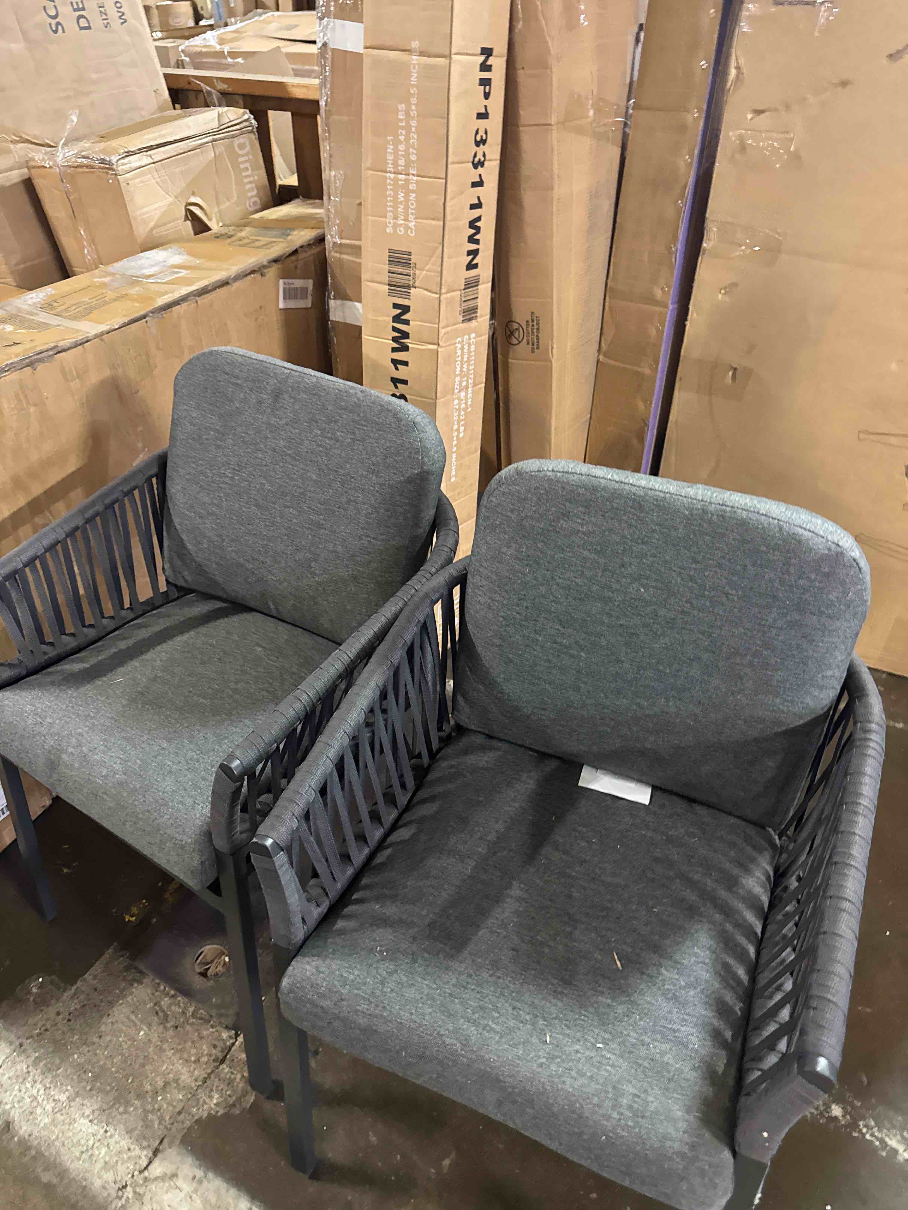 Condition photo showing New/Like New for sunsitt patio dining chairs set of 2, outdoor metal dining chairs with woven rope, all-weather patio arm chairs w/cushions, porch, garden and deck, dark grey