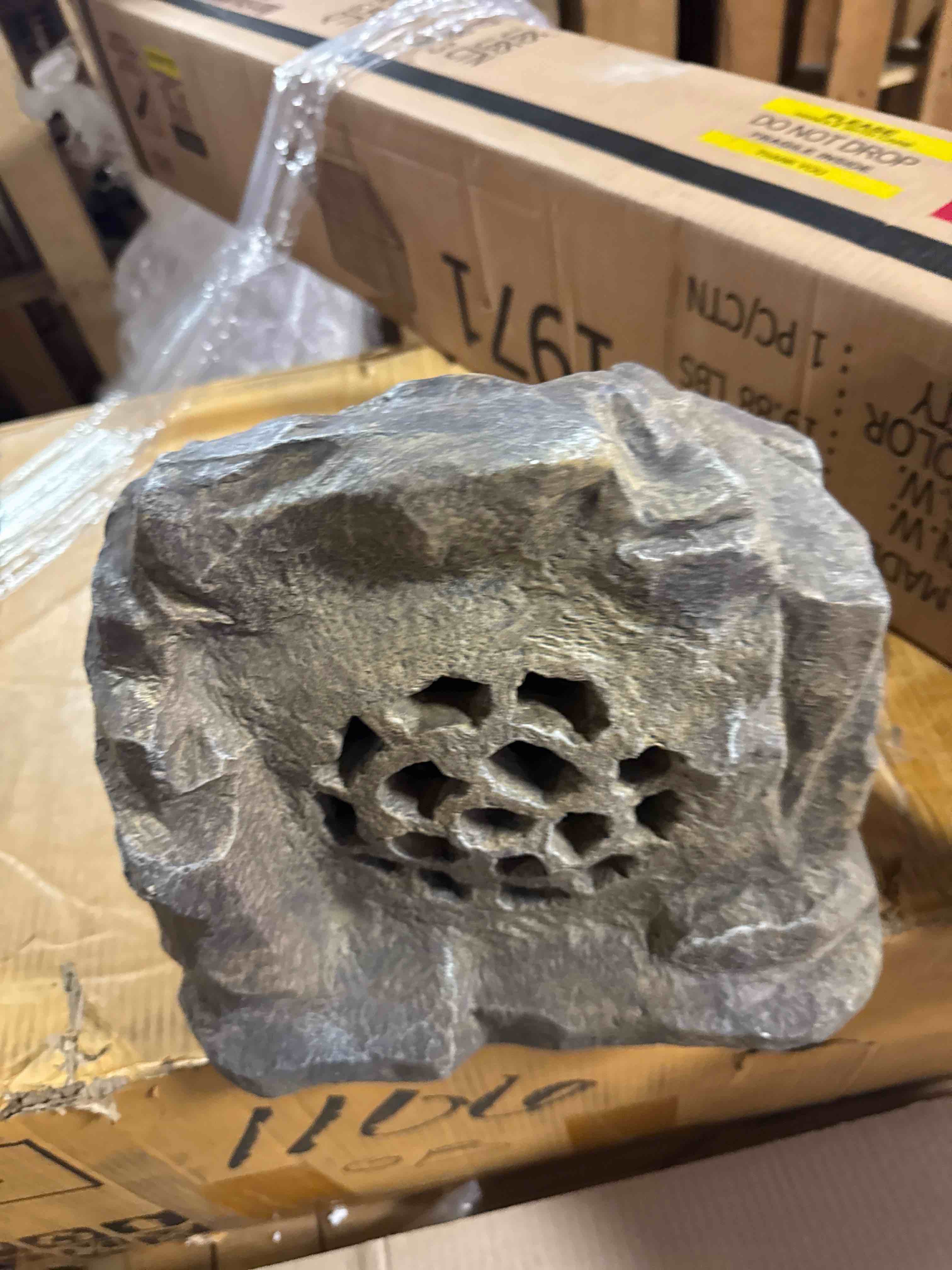 Condition photo showing New/Like New for alpine corporation 11" tall solar bluetooth wireless rock speaker, waterproof outdoor audio system - portable sound, high-fidelity, 50-foot range, brown
