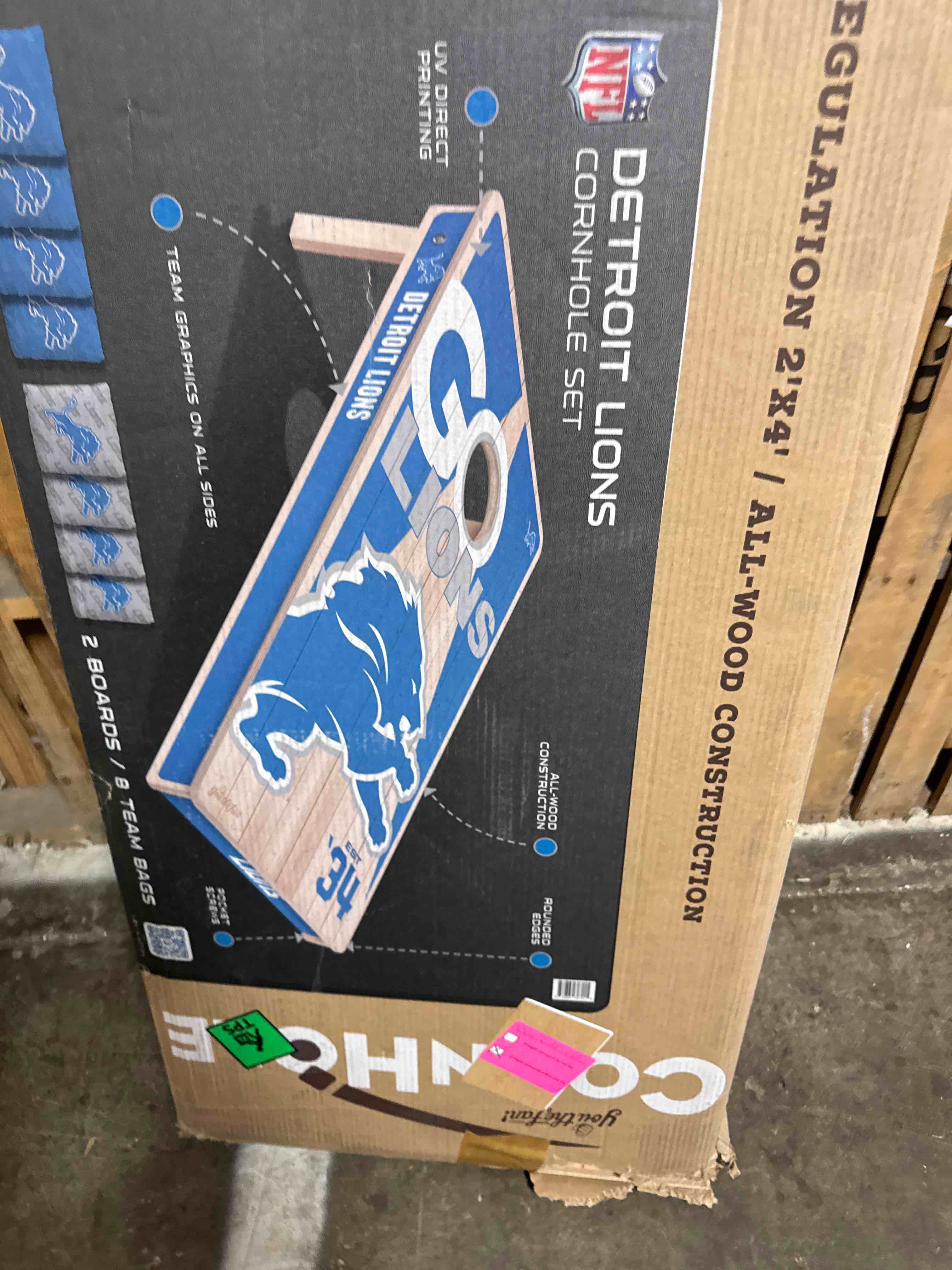Condition photo showing New/Like New for youthefan nfl 2’ x 4’ professional wood cornhole game detroit lions 2' x 4' team colors