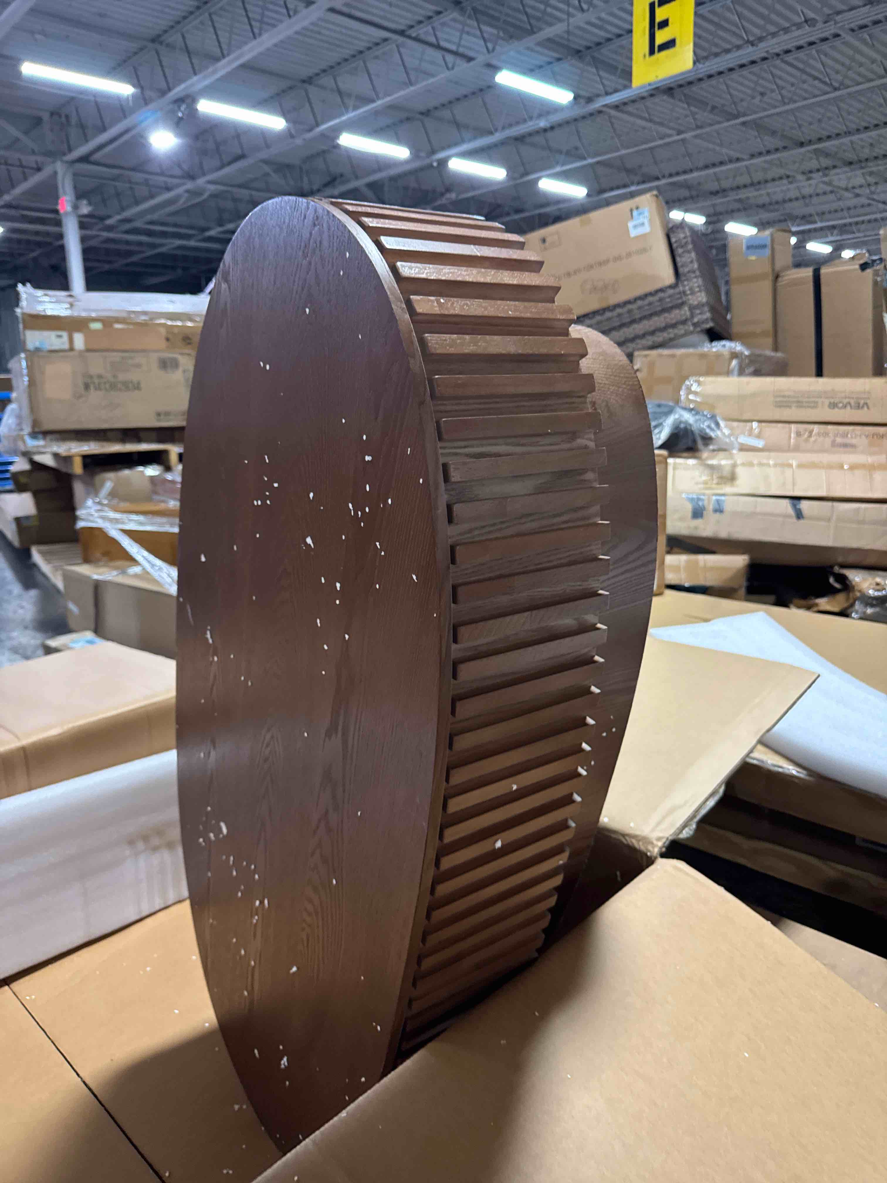 Condition photo showing New/Like New for wood drum coffee table handcraft fluted coffee table modern mid century handcrafted relief tea table olive-shaped sturdy pedestal small side tables for living room apartment (walnut)