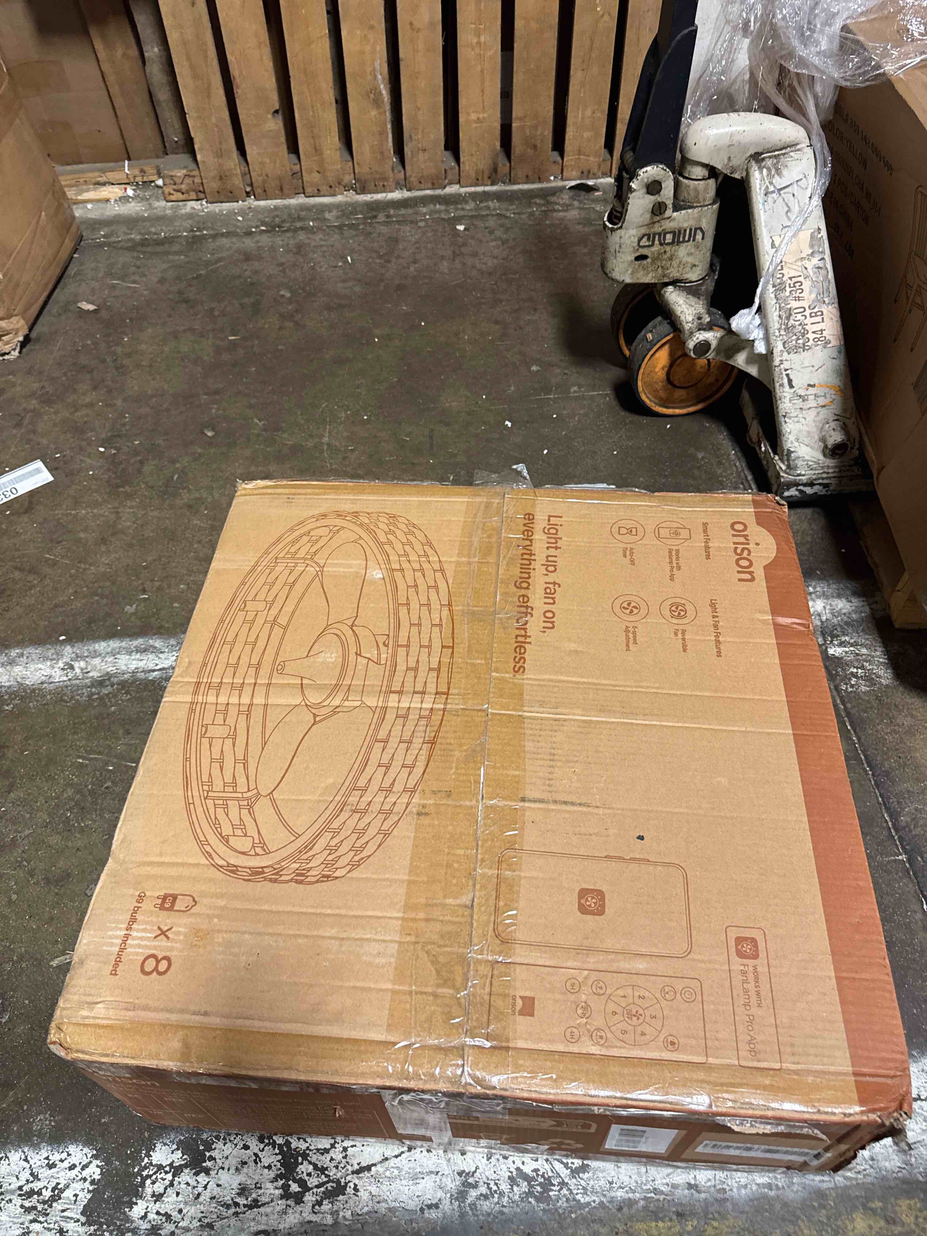 Condition photo showing New/Like New for orison 24" caged ceiling fan with lights, 2 ways control(app&remote control), light kit included(8 bulbs), modern farmhouse (flush mount)