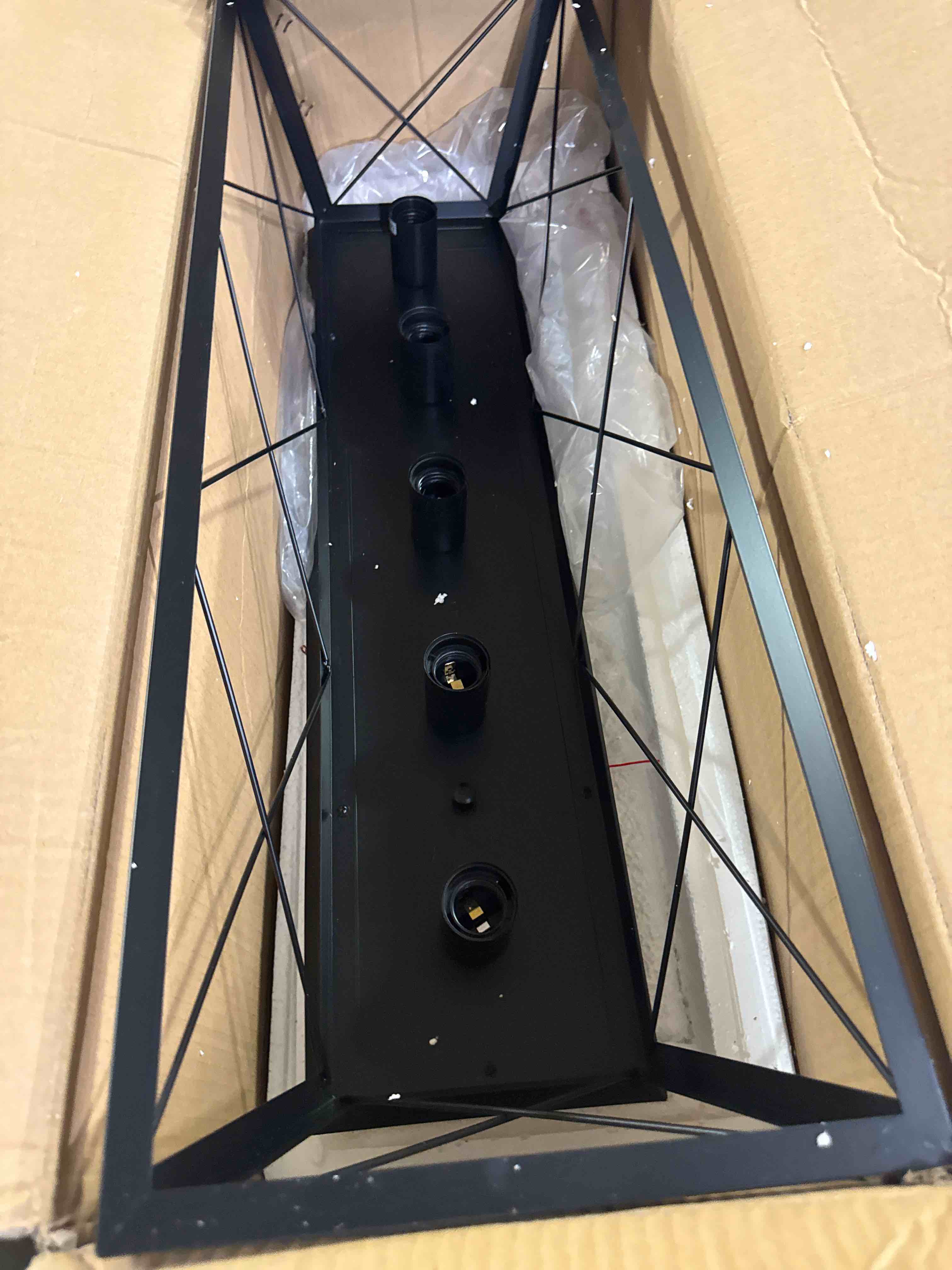 Condition photo showing New/Like New for farmhouse chandeliers for dining room, rustic kitchen island light fixture, 5-light linear pendant lighting rectangular chandelier, metal solid ceiling lights black( only the frame)