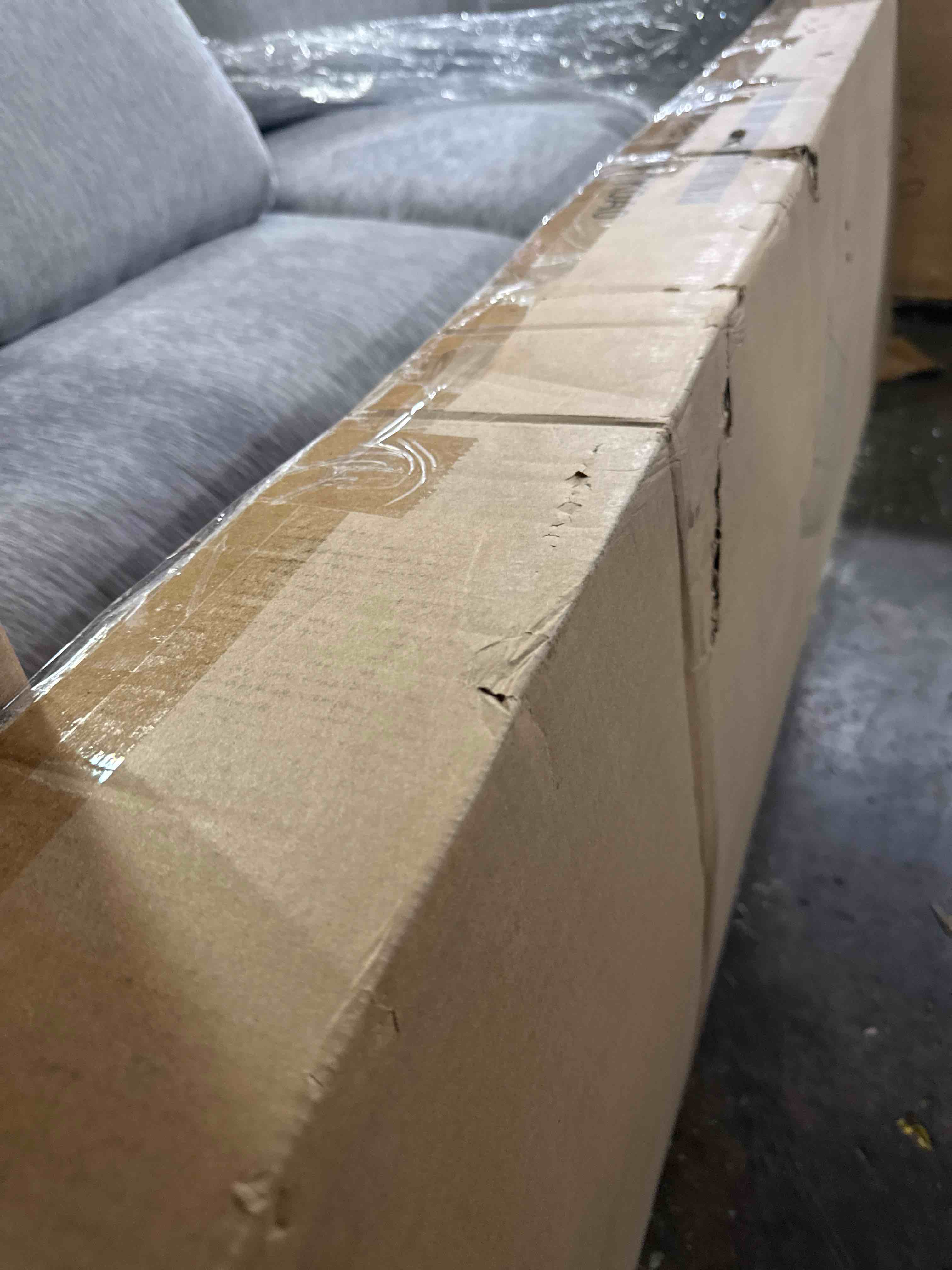 Condition photo showing New/Like New for queen boucle upholstered platform bed frame with 4 storage drawers curved stitched tufted headboard no noise easy to assemble strong wood slats mattress support no box spring required no slip - ivory