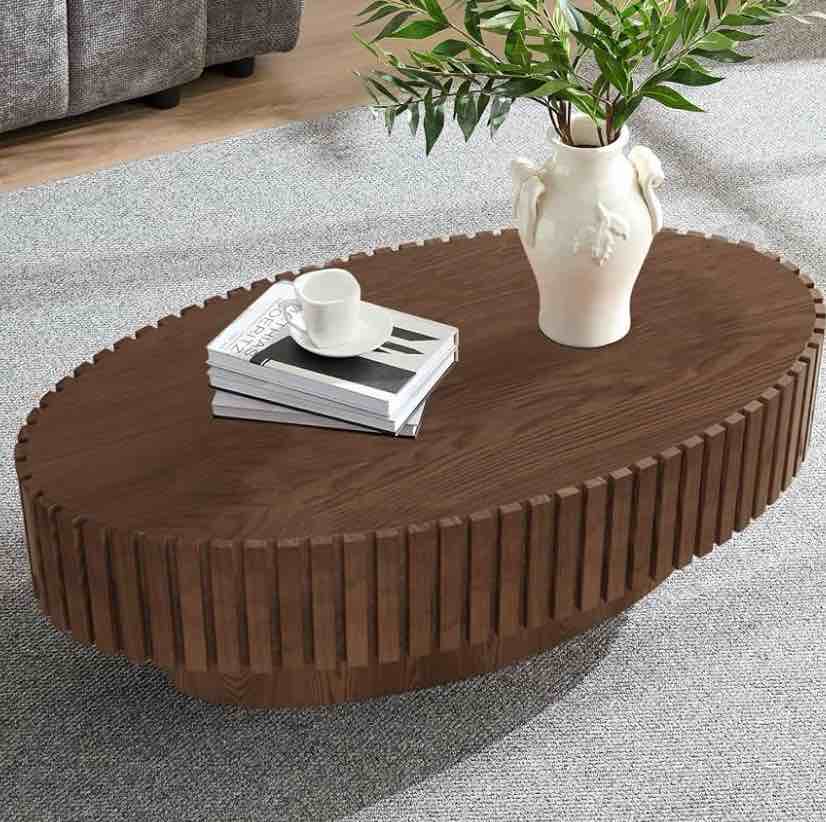 wood drum coffee table handcraft fluted coffee table modern mid century handcrafted relief tea table olive-shaped sturdy pedestal small side tables for living room apartment (walnut)