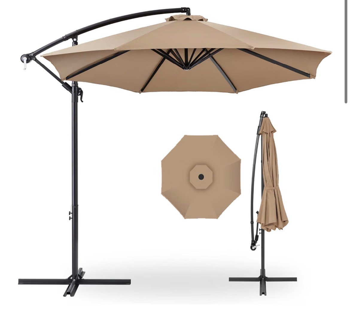wikiwiki 10ft patio umbrella with base included, outdoor offset cantilever umbrella with sandbag base for backyard, garden and pool, easy to tilt and crank, tan