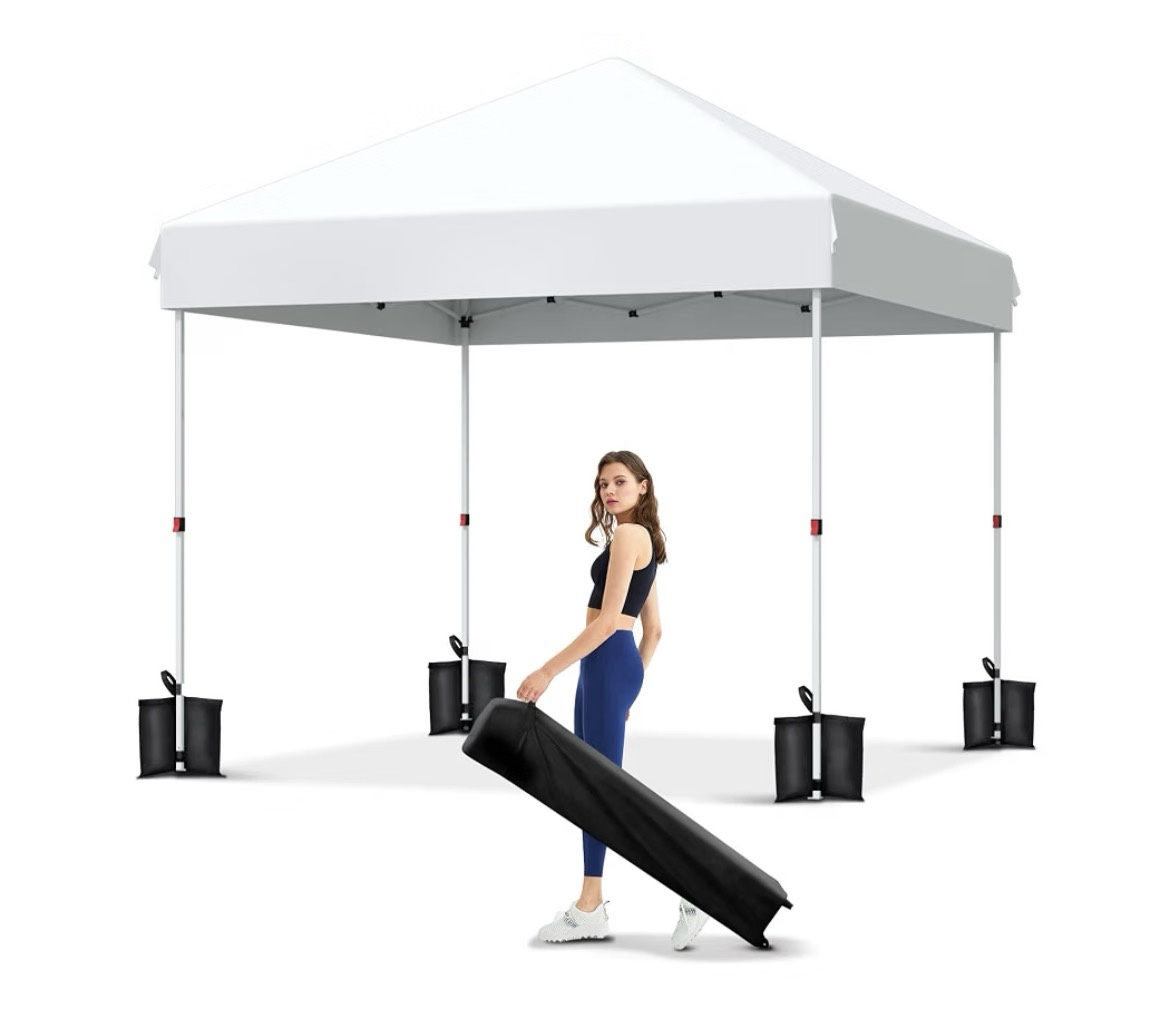 garvee 10x10 pop up canopy, beach ten with one push setup, reinforced frame, outdoor easy up canopy tent with portable roller bag, 3 adjustable height, sandbags, silver coated top, white