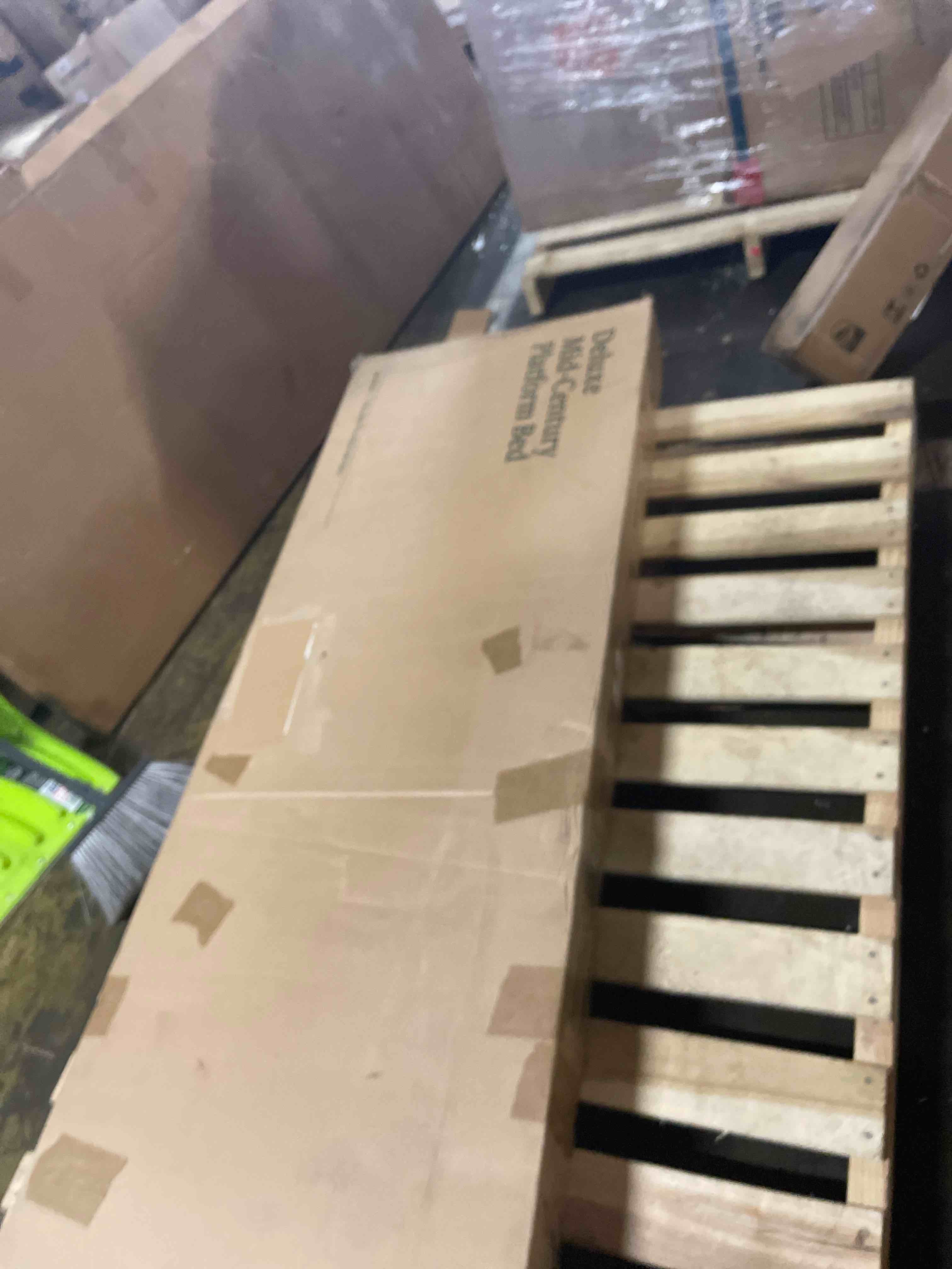 Condition photo showing New/Like New for olixis full size bed frame, 12 in heavy duty platform bedframe, underbed storage, 1000 lbs capacity, no box spring needed, wooden slats,easy assembly, honey finish