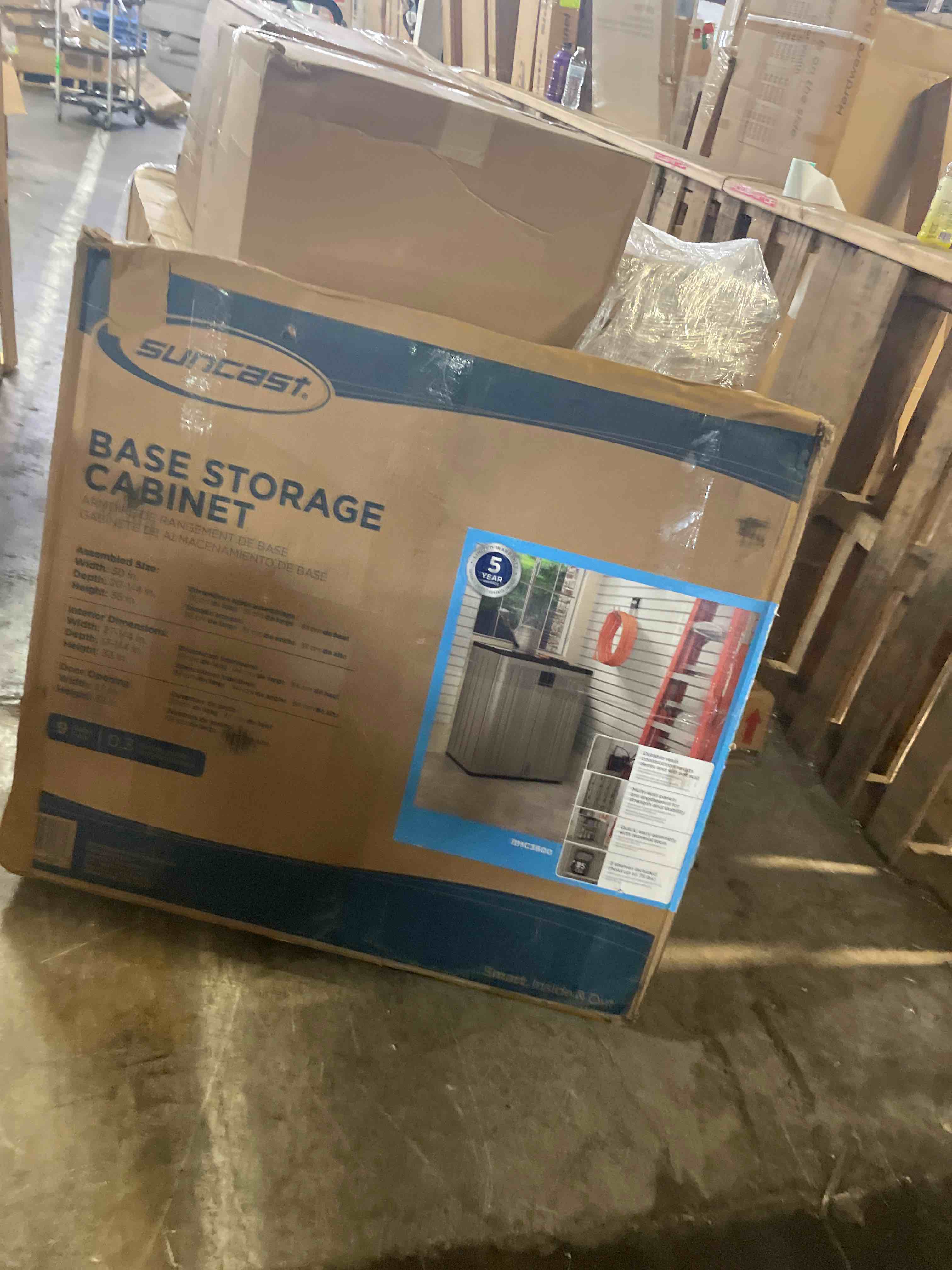 Condition photo showing New/Like New for suncast 9 cu. ft. base storage cabinet, resin garage organizer, platinum metallic/slate