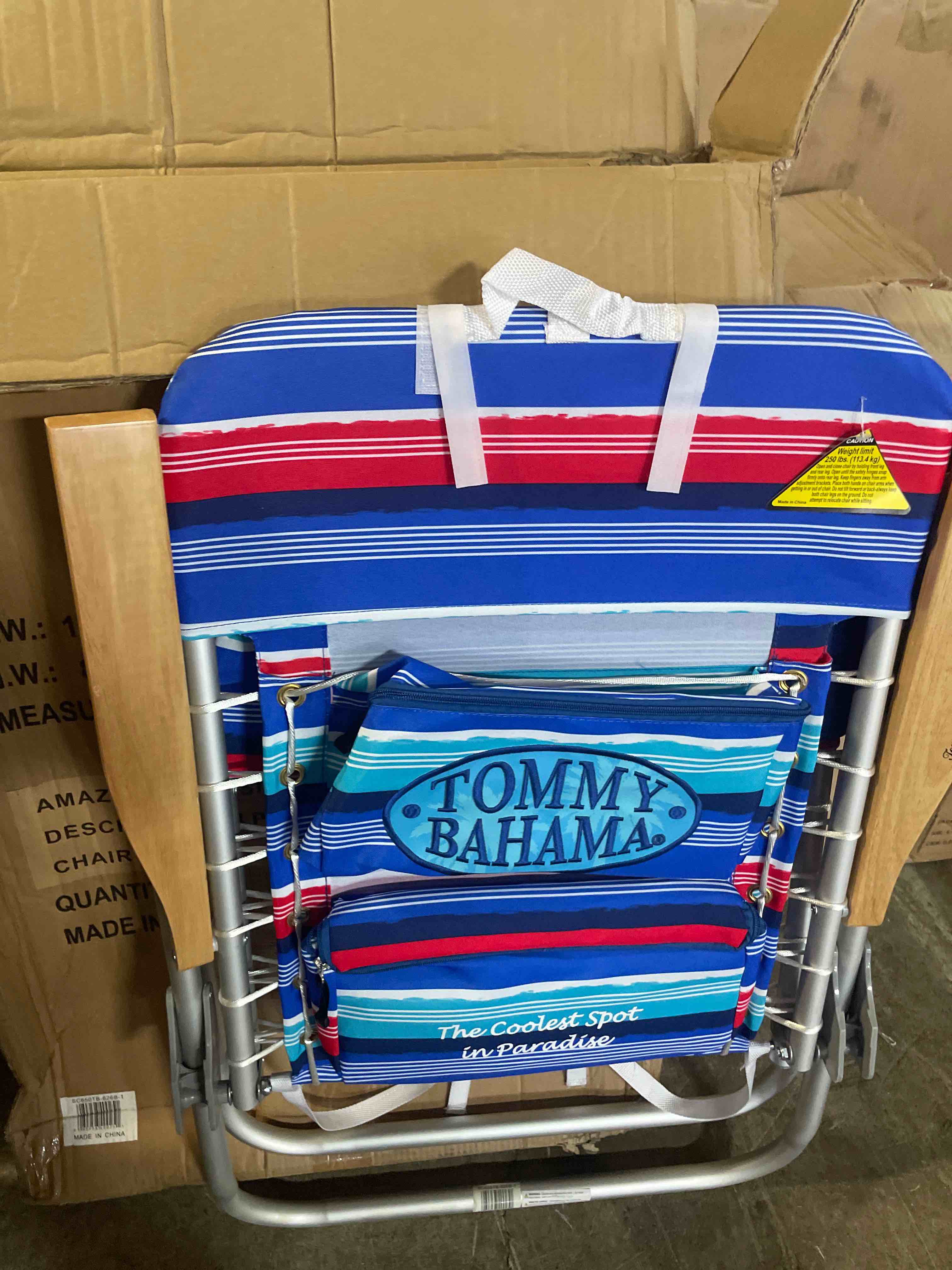 Condition photo showing New/Like New for tommy bahama hi-boy 17" seat height 4-position lace-up suspension folding beach backpack chair red and blue stripe 1-pack