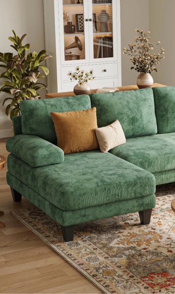 u-shaped sectional couches for living room | 112 inch modern sectional couch | green chenille sofa with double chaise for apartment (chaise only)