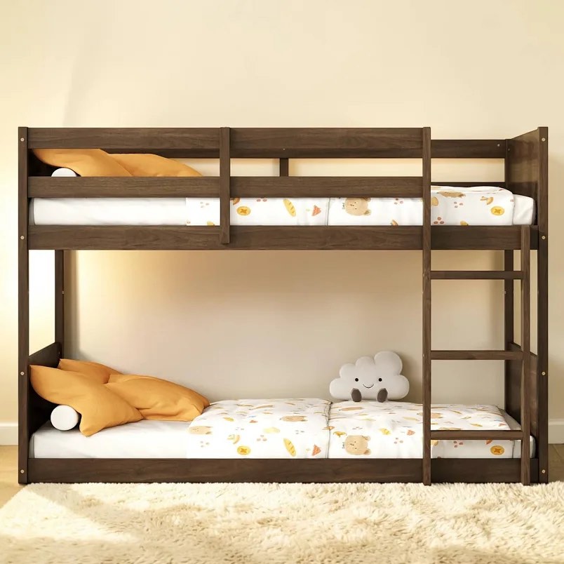 twin over twin floor bunk bed with ladder and guardrails