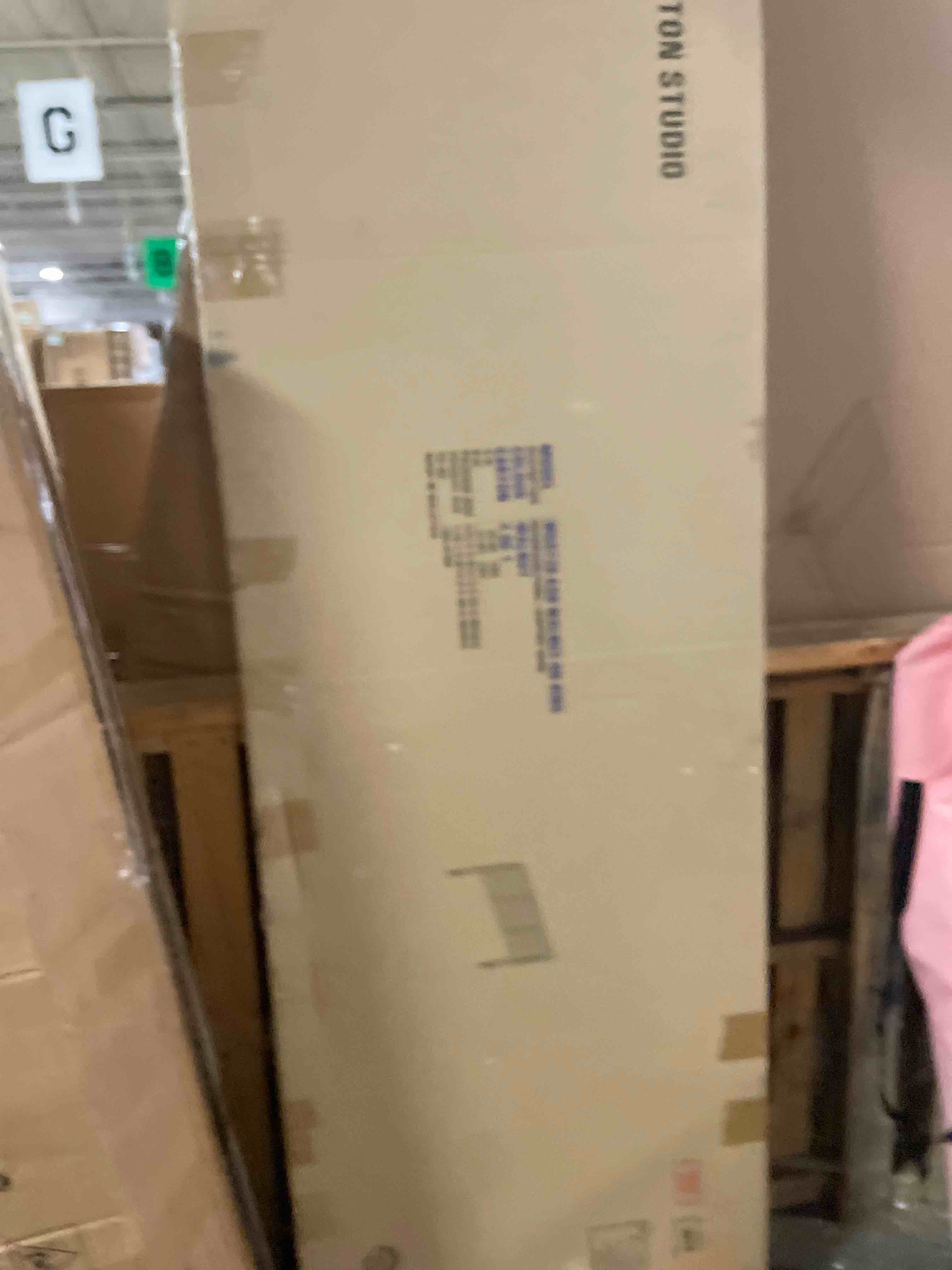 Condition photo showing New/Like New for baxton studio salome mid-century modern walnut brown finished wood king size open slat headboard