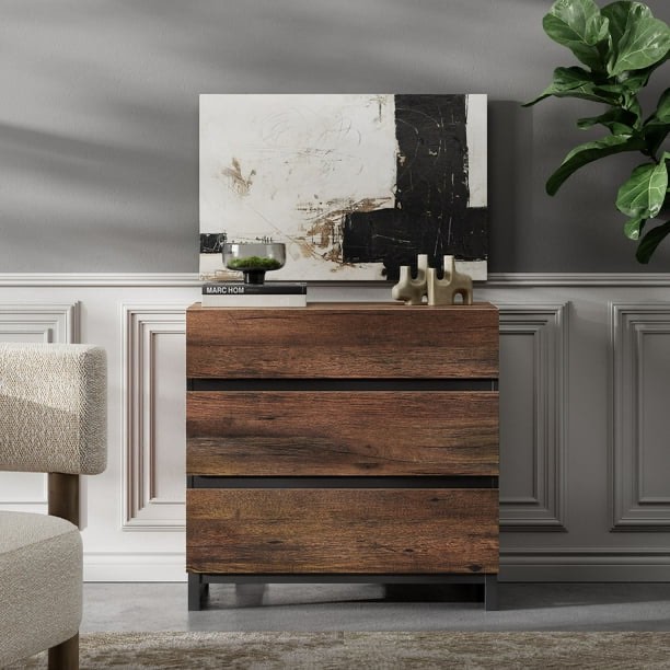 wampat dresser for bedroom, closet organizers and storage with 3 drawers, chest of drawers with metal base, modern wood dresser for living room, hallway, entryway, brown