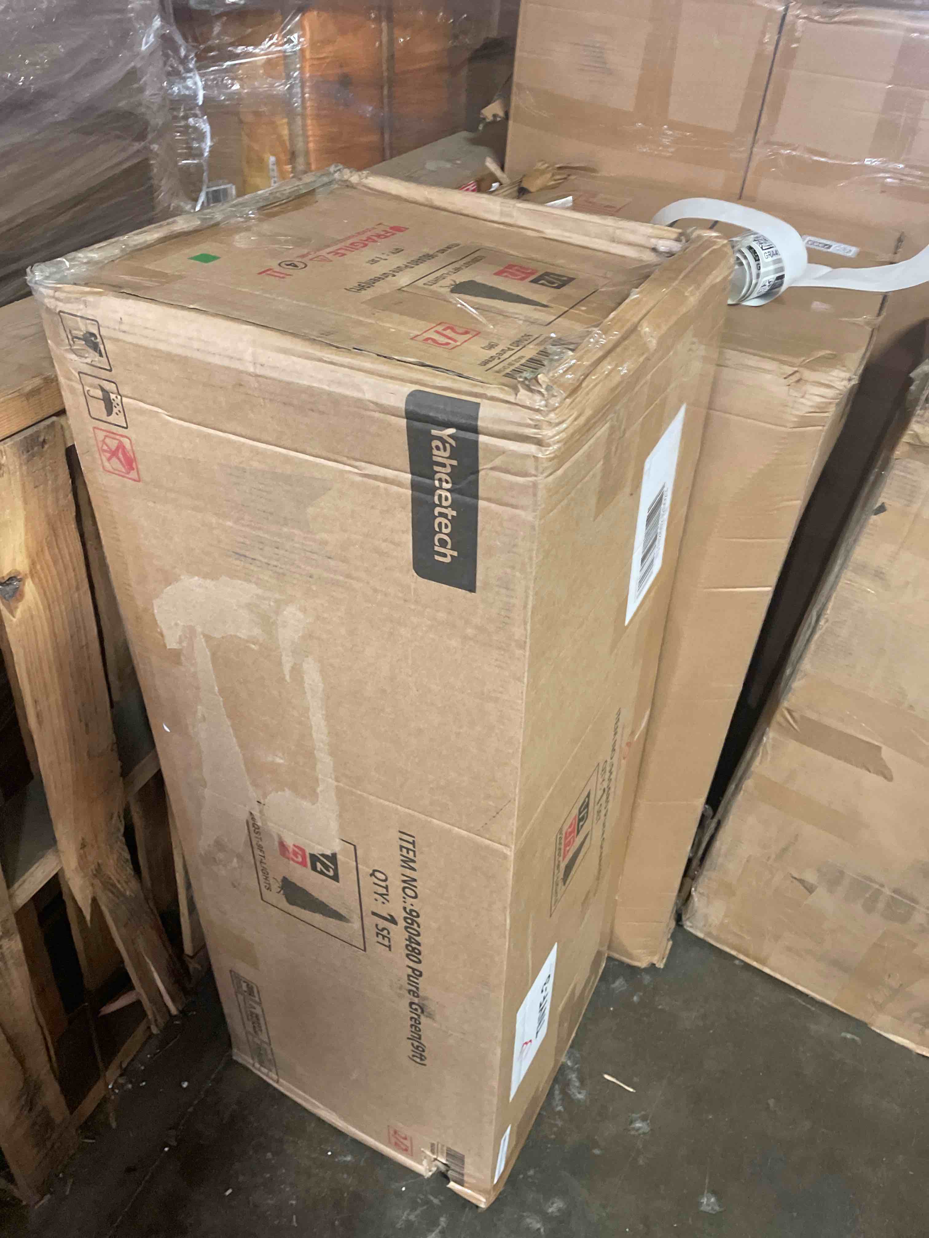 Condition photo showing As Is for yaheetech 9ft pre-lit artificial christmas tree with incandescent warm white lights, snow flocked full prelighted xmas tree w/2084 branch tips, 900 incandescent lights & foldable stand, green & white (only box 2 of 2)
