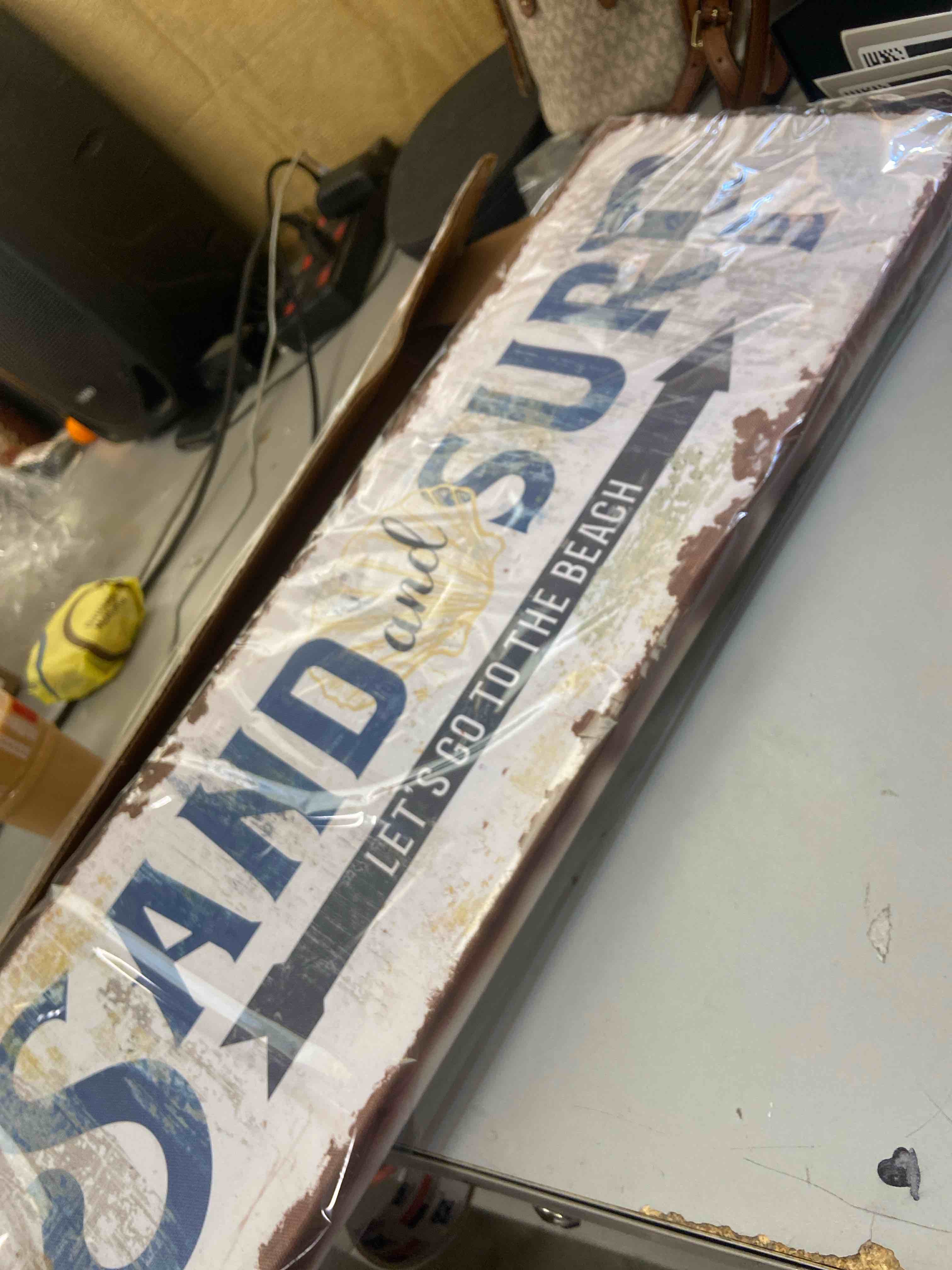 Condition photo showing New/Like New for elephant stock - sand and surf sign wall art - panoramic canvas wall art - living room wall decor - digital art hobbies and lifestyle canvas art - brown and teal decor - 36" x 12"