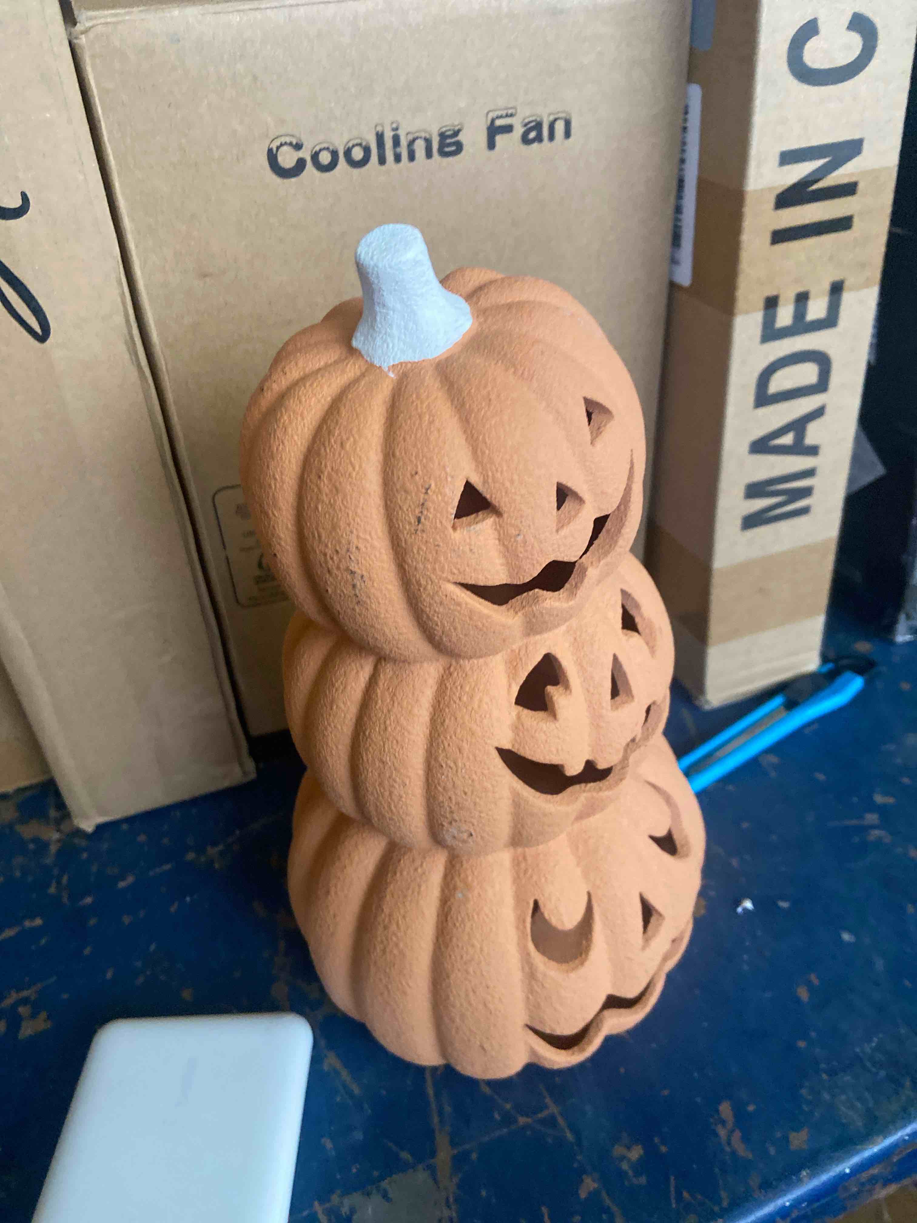 Condition photo showing New/Like New for textured terracotta stacked pumpkins decor - orange - hyde and eek! boutique™