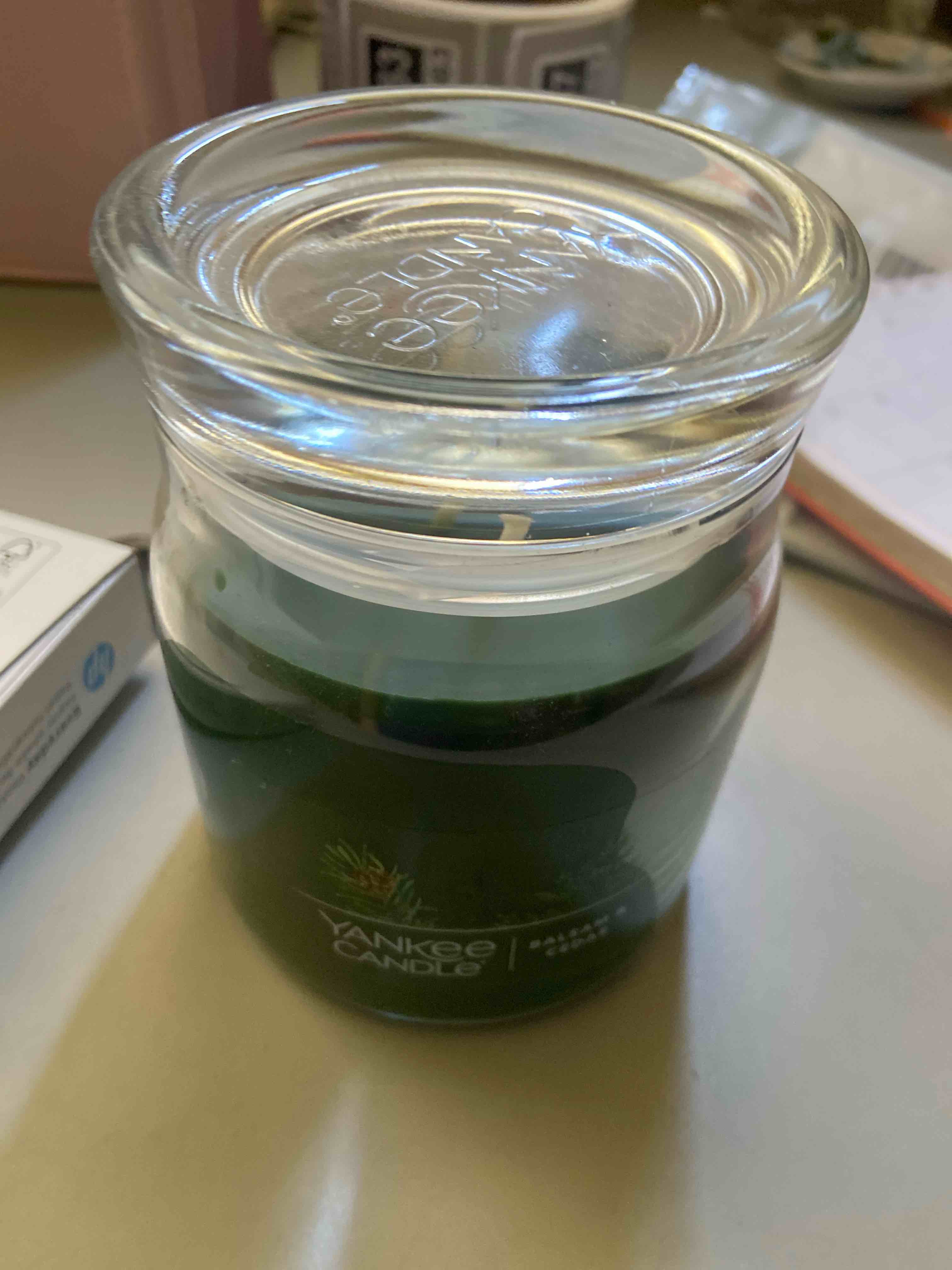 Condition photo showing New/Like New for yankee candle balsam & cedar scented, signature 13oz medium jar 2-wick candle, over 35 hours of burn time, christmas | holiday candle balsam & cedar signature medium 2-wick jar