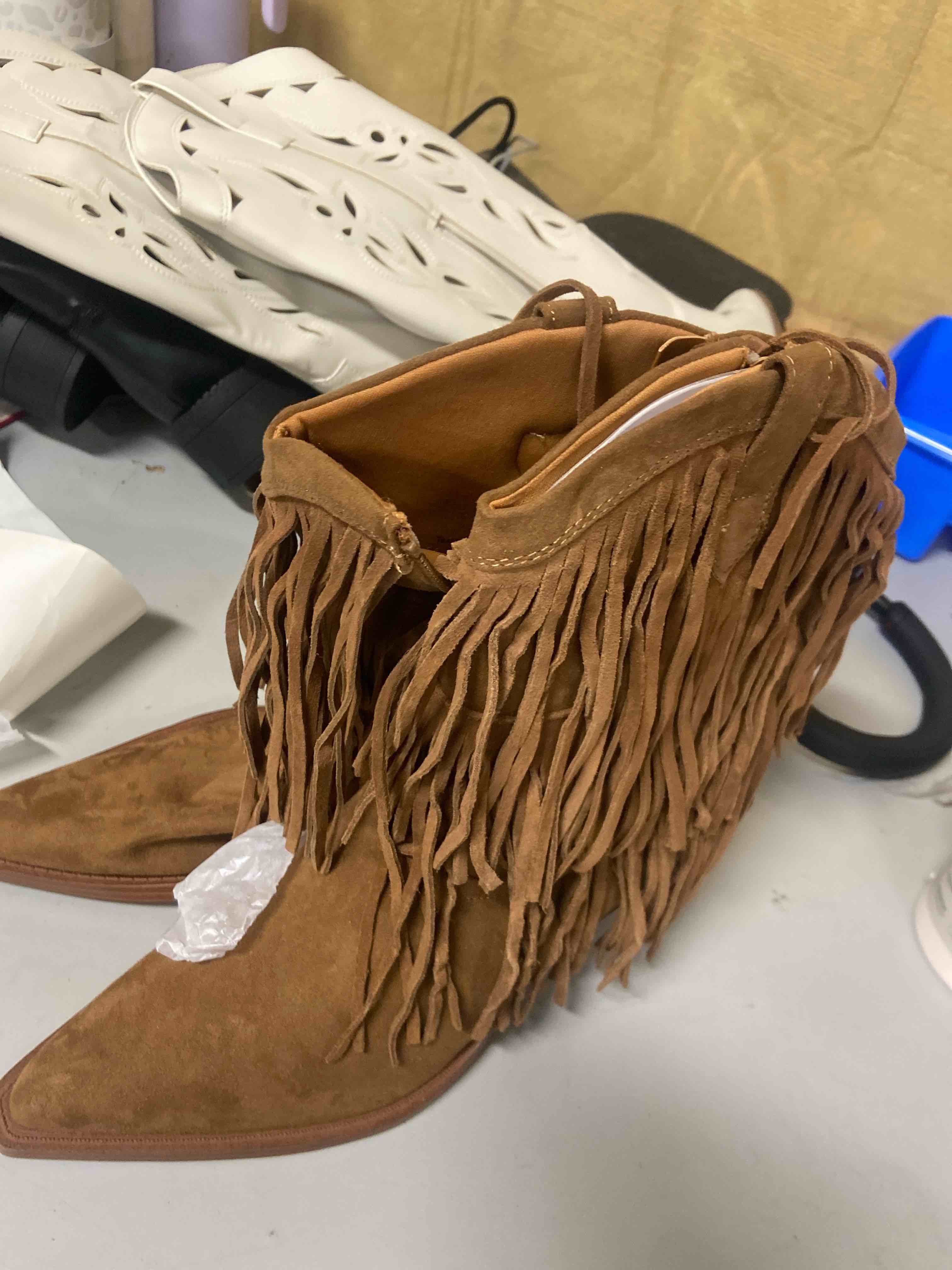 Condition photo showing New/Like New for women’s austin fringe western ankle boots with memory foam insole – universal thread™ tan 9