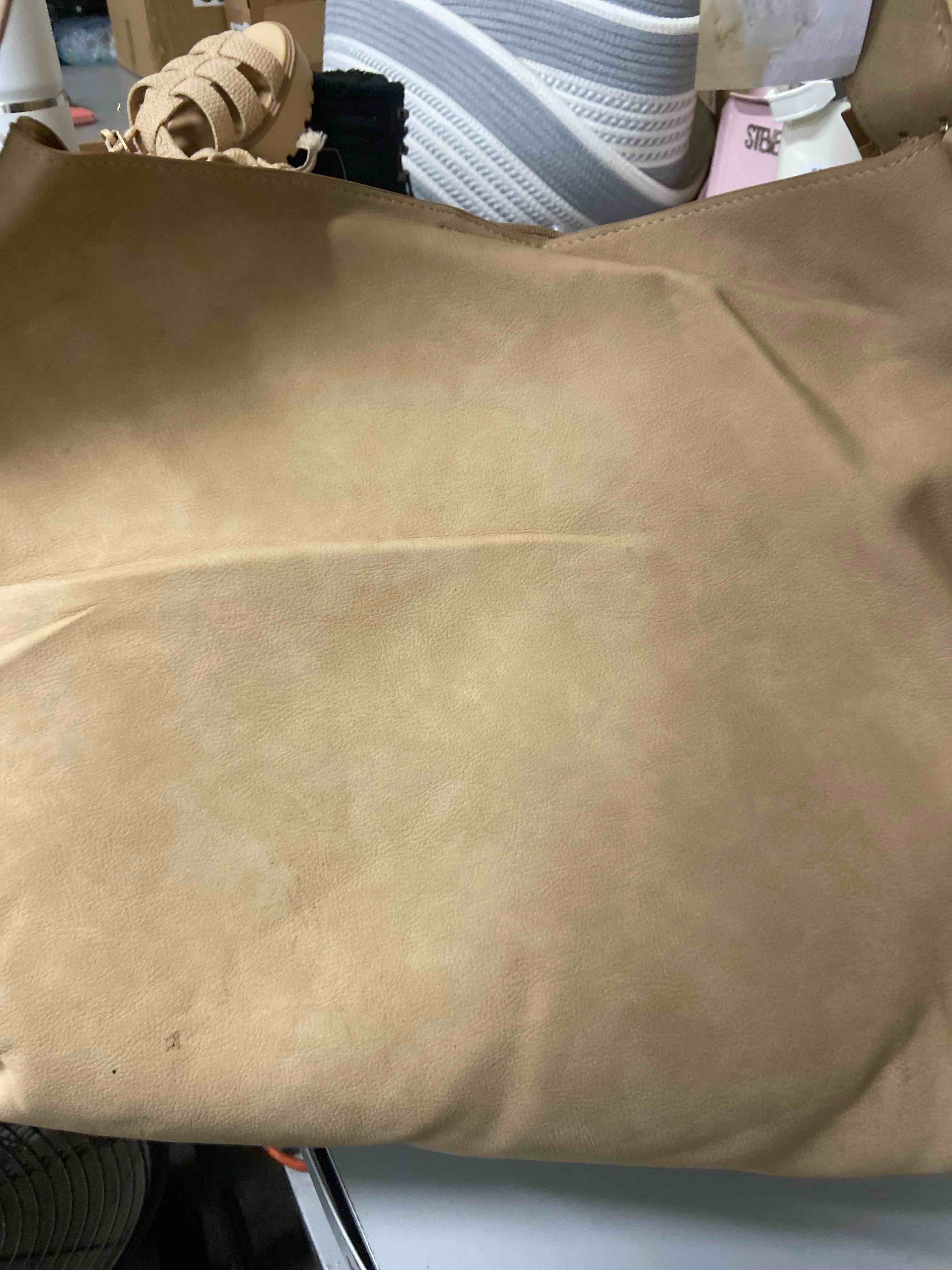 Condition photo showing New/Like New for bucket shoulder bag - universal thread™ tan: softside woven handbag, adjustable strap, button closure