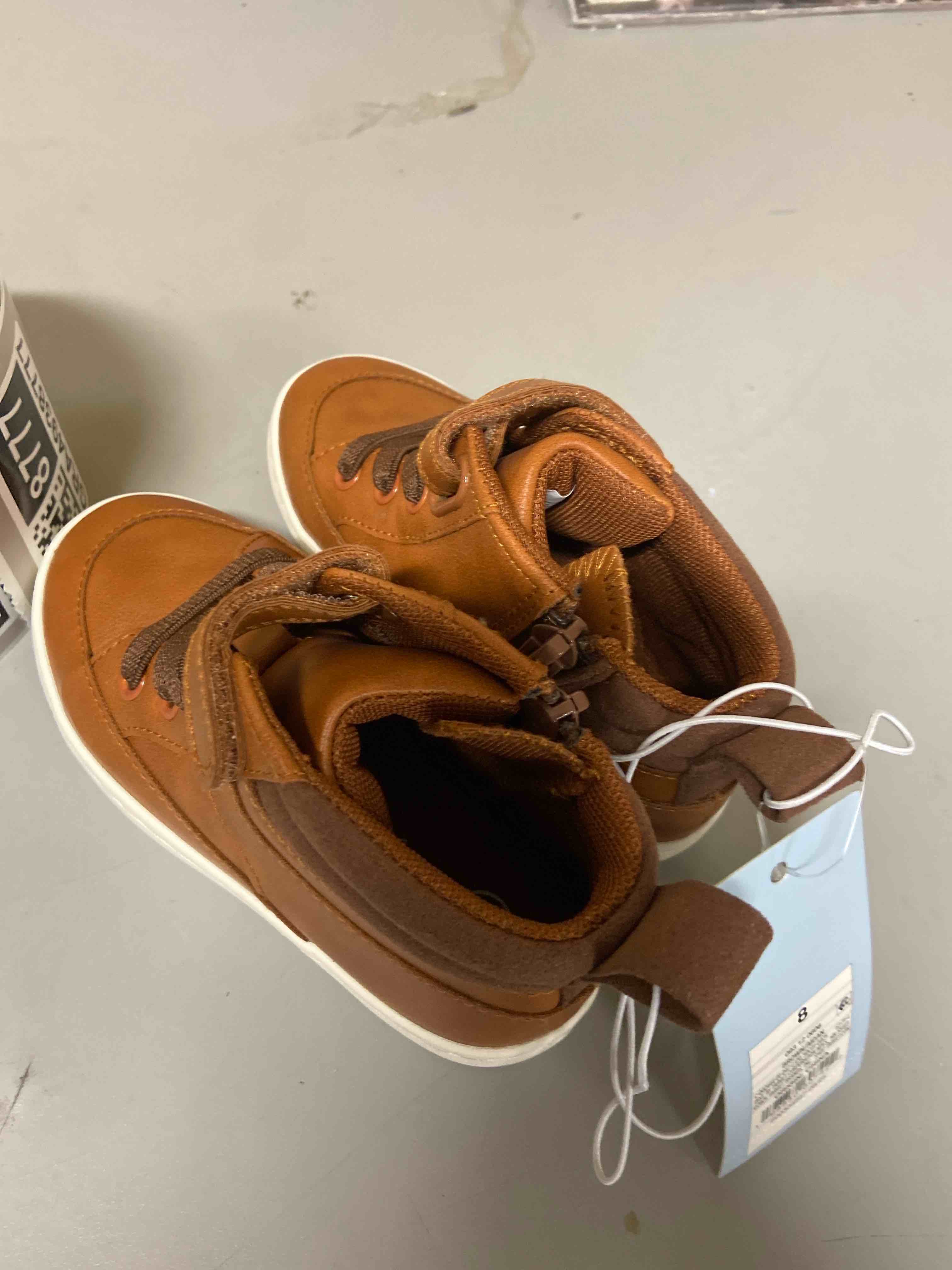 Condition photo showing New/Like New for toddler aidan sneaker boots - cat & jack™ cognac 8t: zipper, hook and loop, padded collar