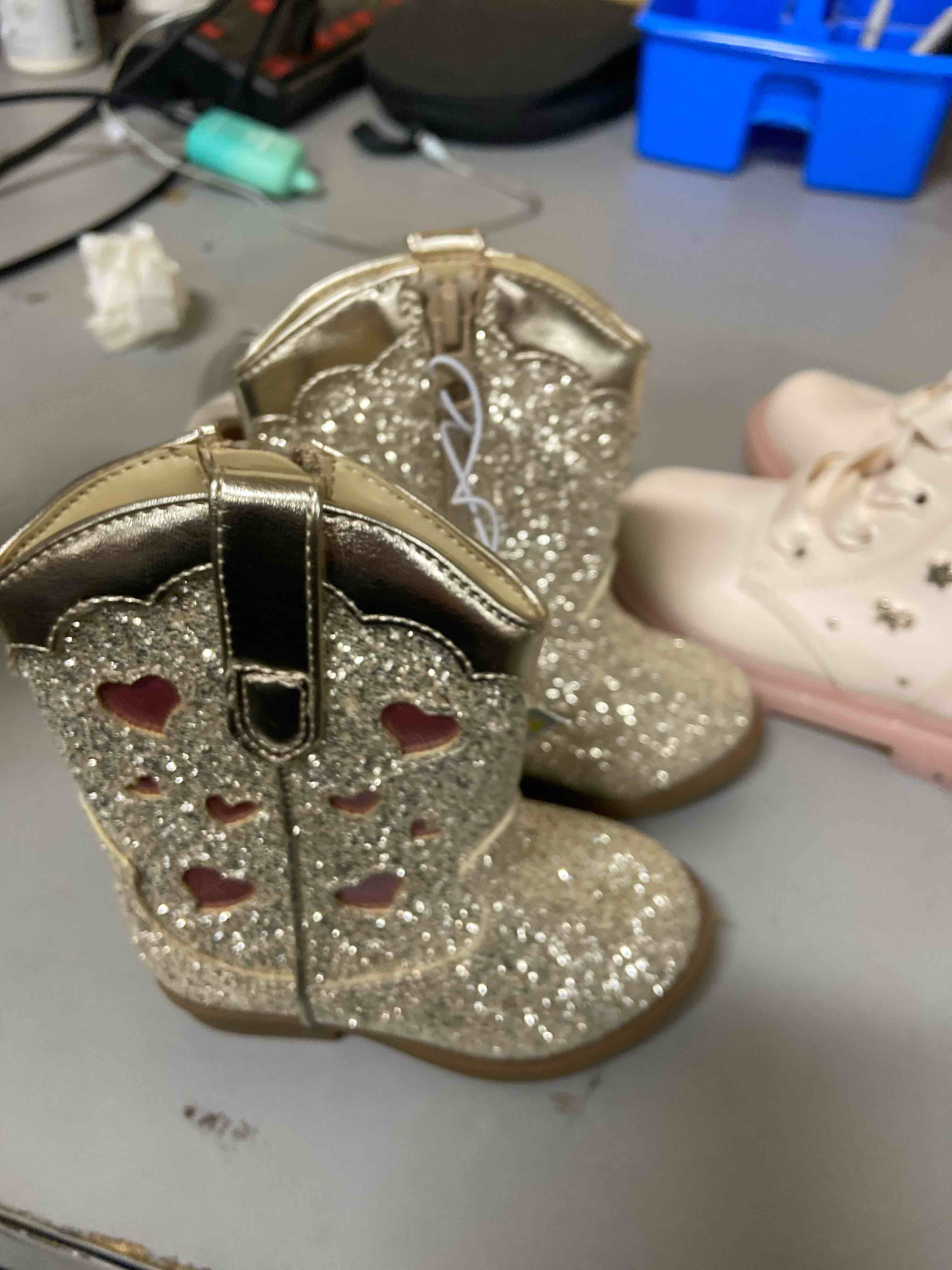 Condition photo showing New/Like New for toddler dallas glitter western boots - cat & jack™ gold 5t: medium width, zipper closure, flexible outsole, round toe