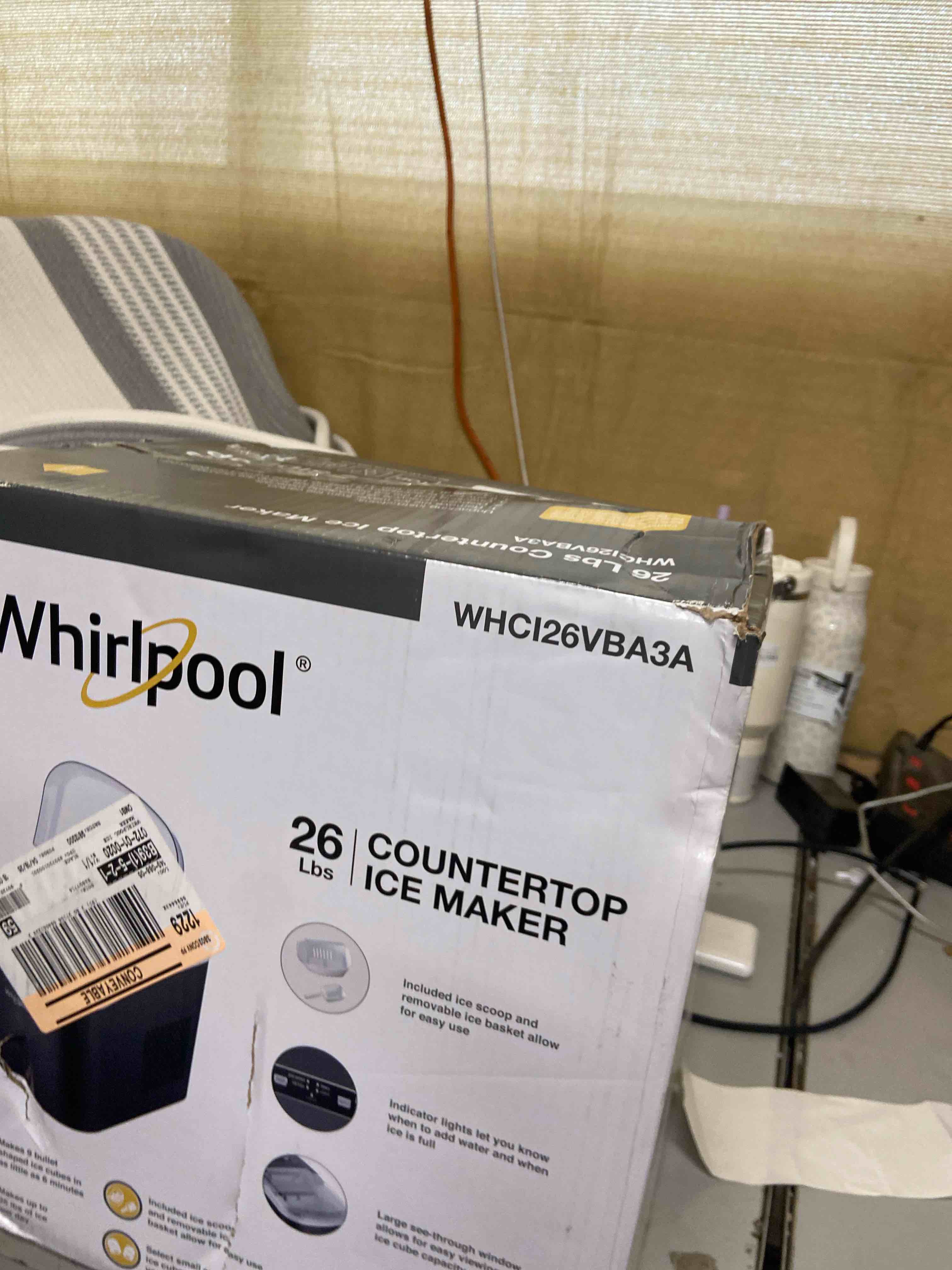 Condition photo showing New/Like New for whirlpool countertop ice maker whci26vba3a: 26 lb daily production, bullet ice, black, 1.5 lb storage, 2 ice sizes