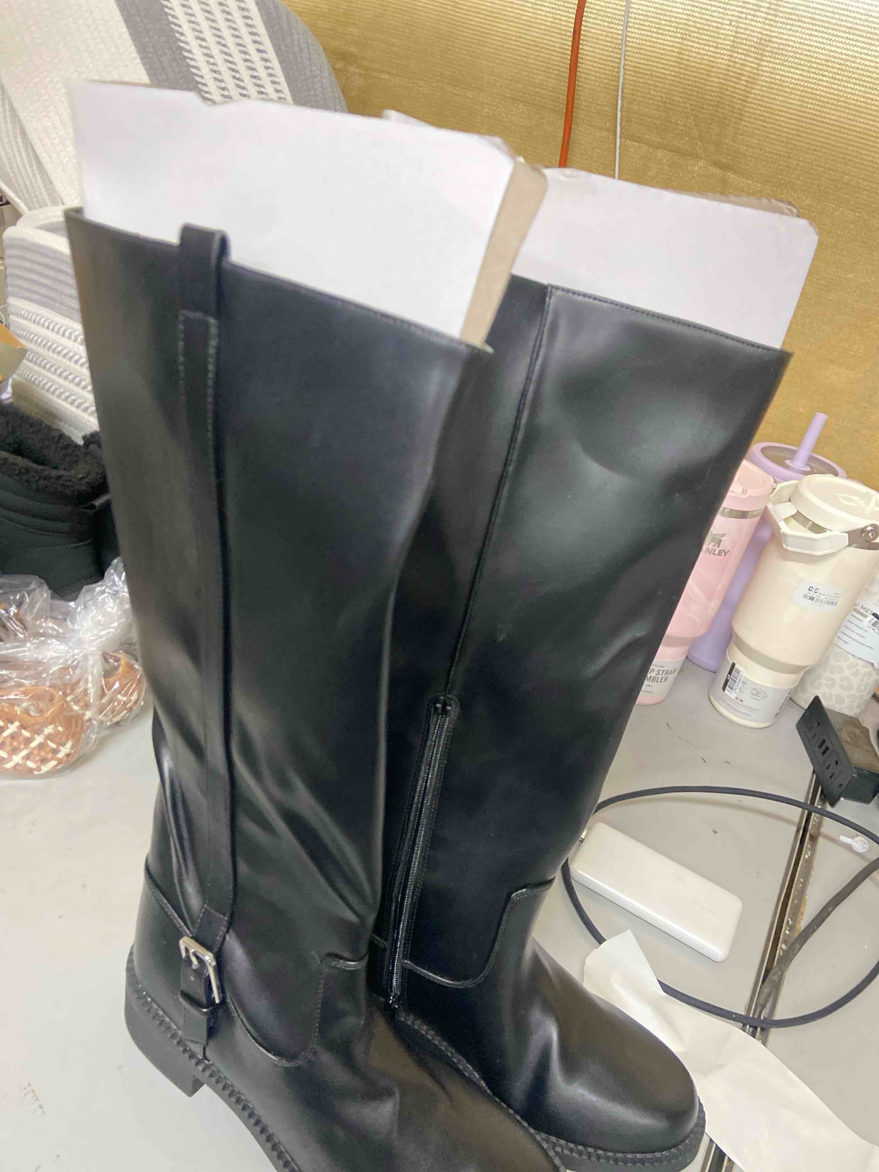 Condition photo showing New/Like New for viugjnex knee high boots women low heel flat chunky fall tall riding boots | round toe boots, platform block heeled boots, lug sole long riding boots, low heel flat boots with side zipper