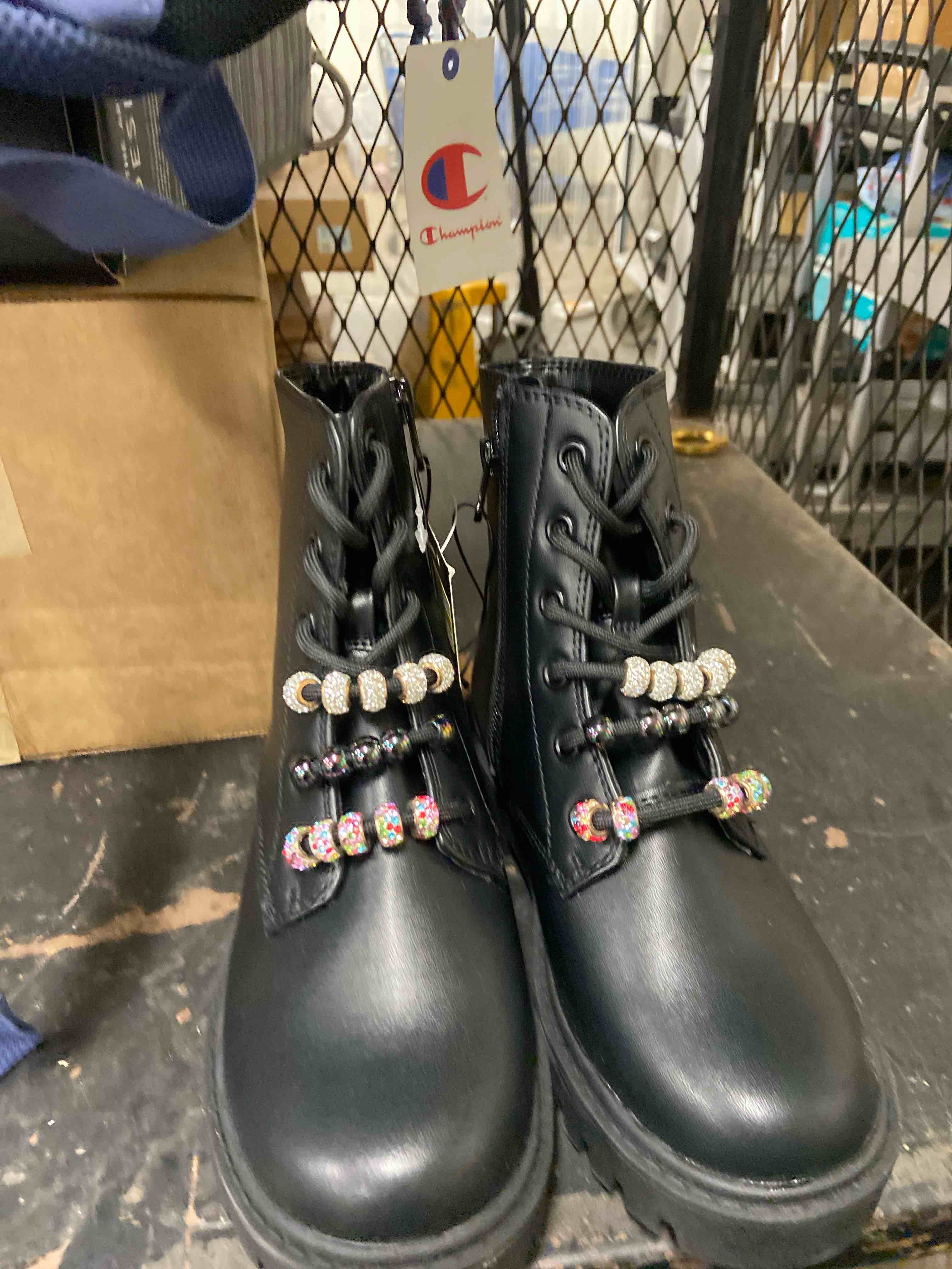Condition photo showing New/Like New for kids' bronx lace-up combat boots - art class™ black 1: medium width, zipper closure, round toe, textured outsole