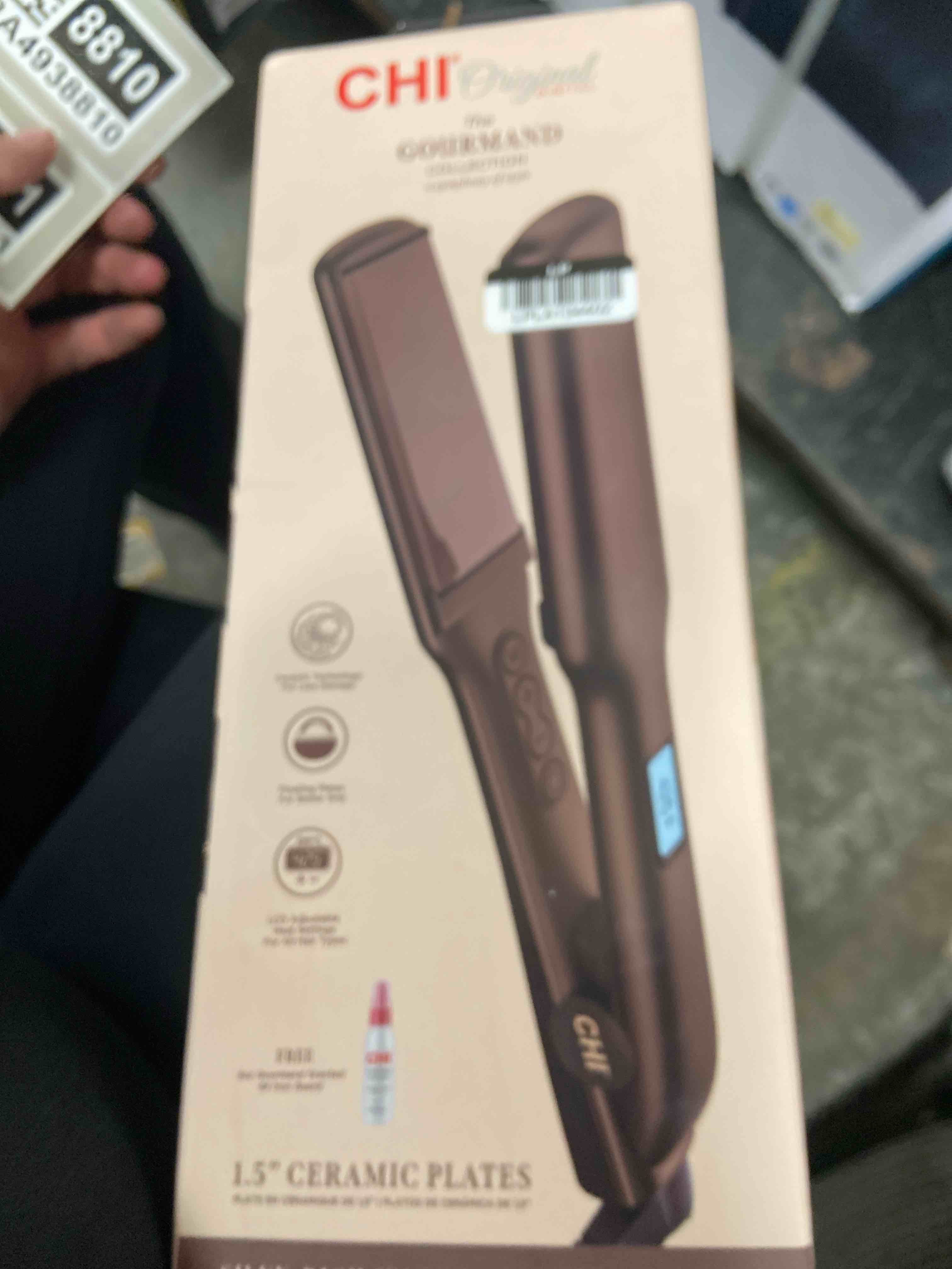 Condition photo showing New/Like New for chi original digital ceramic hairstyling iron & 44 iron guard (2 oz), creates shiny, smooth salon-quality results without damage, 1.5", chocolate kit