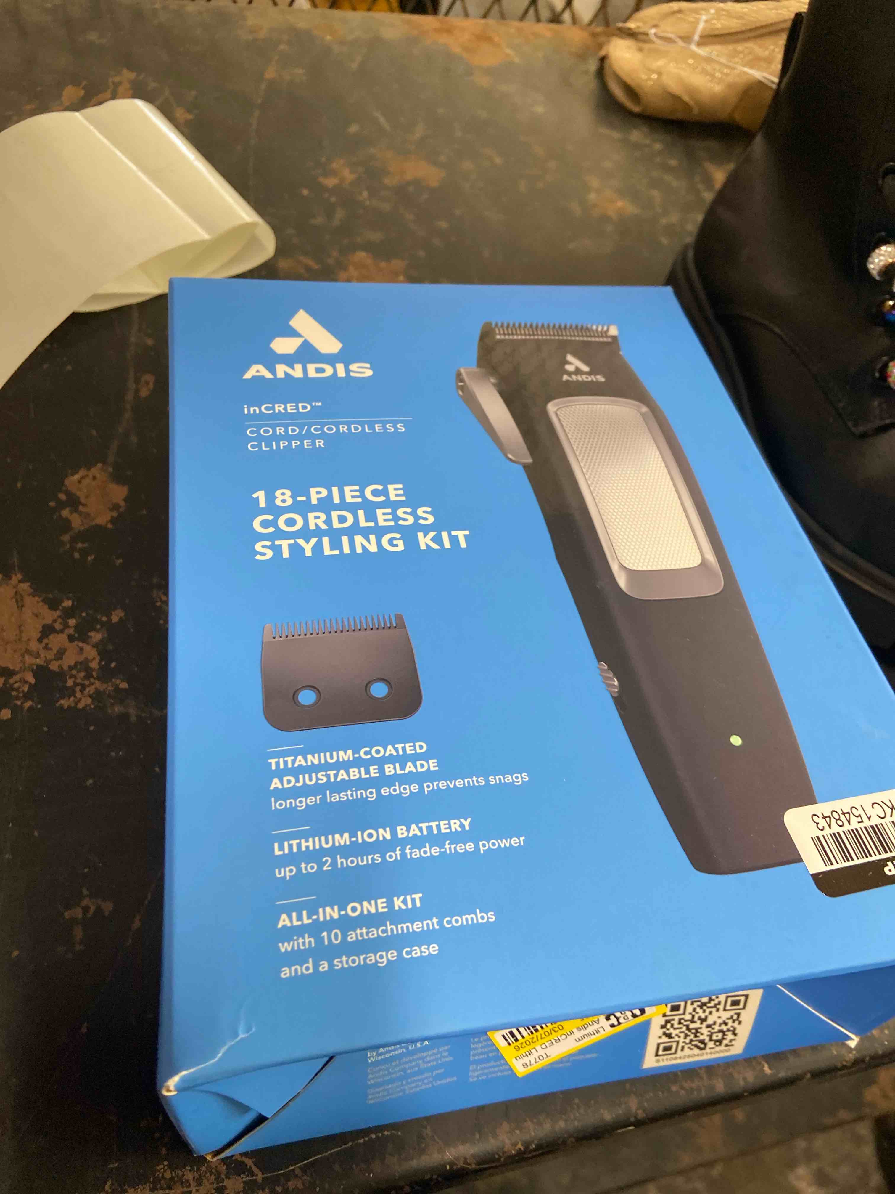 Condition photo showing New/Like New for andis 40000 incred lithium-ion cordless hair clipper kit, titanium blade | 18-piece kit with shears, combs & storage case, 90-min runtime, quiet cordless hair clipper kit
