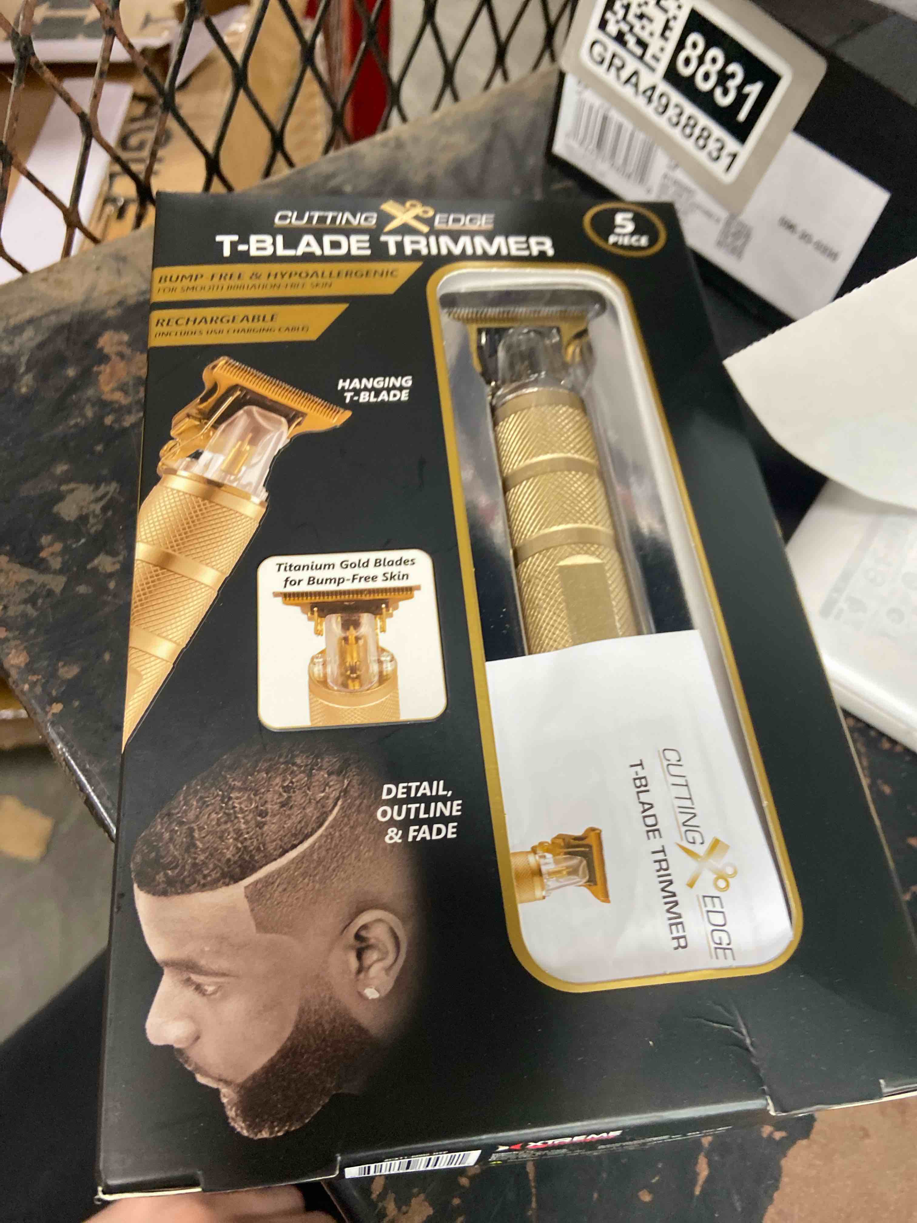 Condition photo showing Good Condition for cutting edge t-blade trimmer for men, t-blade precision beard trimmer, bump free and hypoallergenic titanium gold blades, 4 guide combs, rechargeable, precision trimmer to detail, outline, & fade
