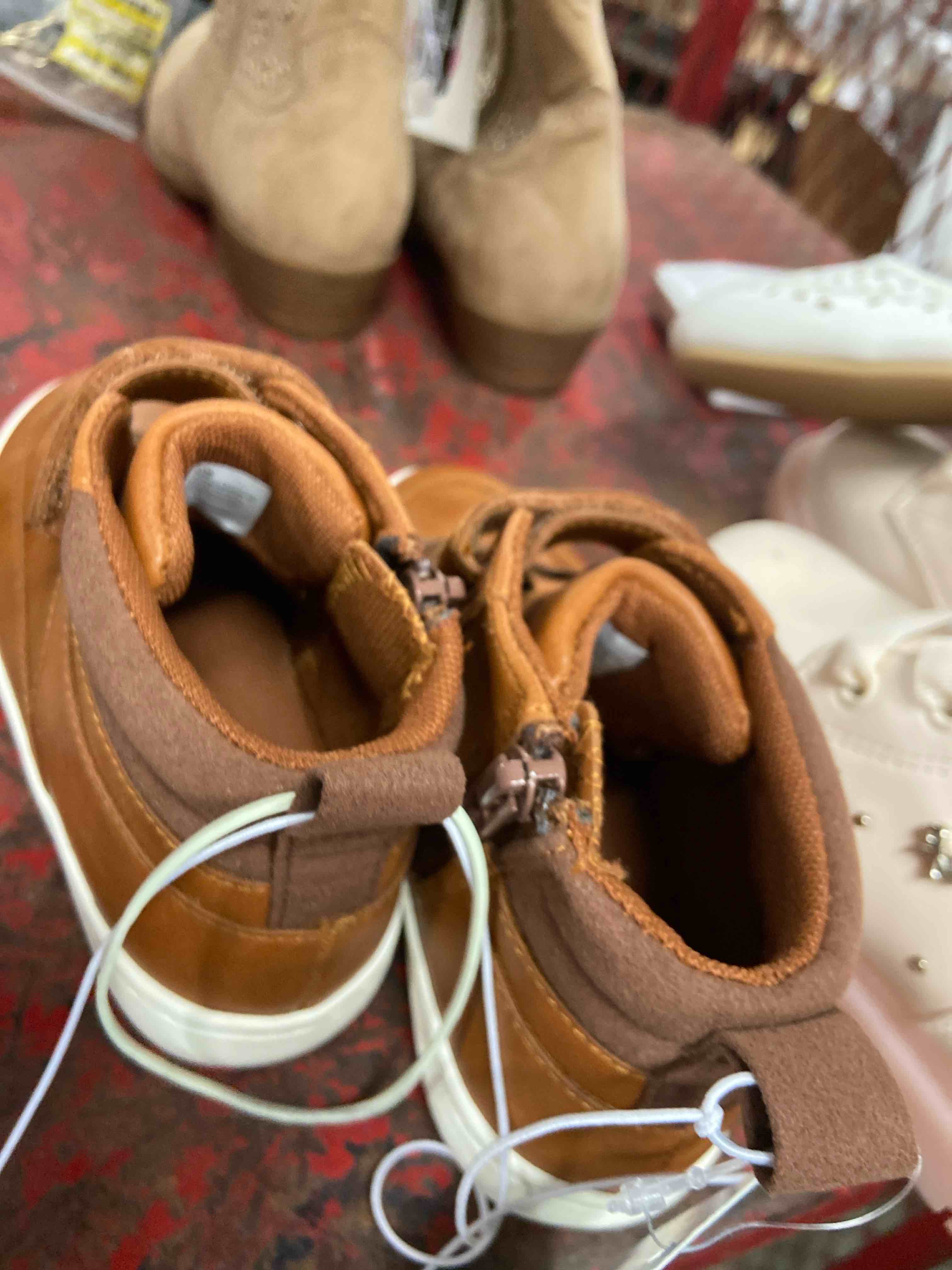Condition photo showing New/Like New for toddler aidan sneaker boots - cat & jack™ cognac 10t: zipper, hook and loop, padded collar