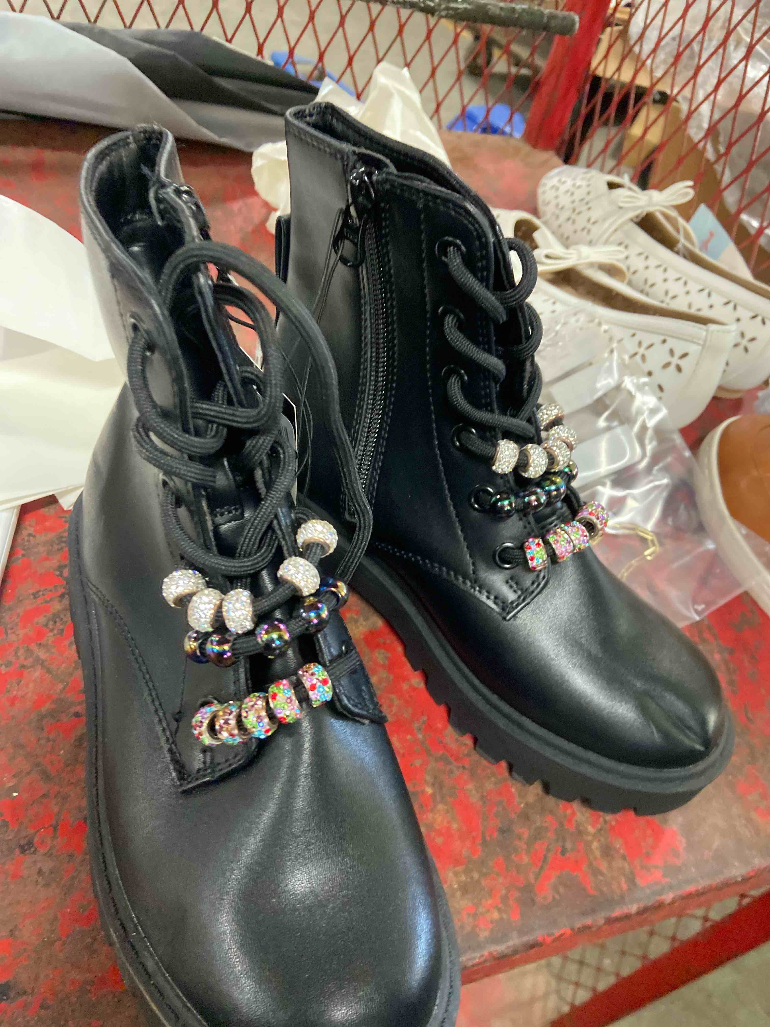 Condition photo showing Good Condition for kids' bronx lace-up combat boots - art class™ black 1: medium width, zipper closure, round toe, textured outsole
