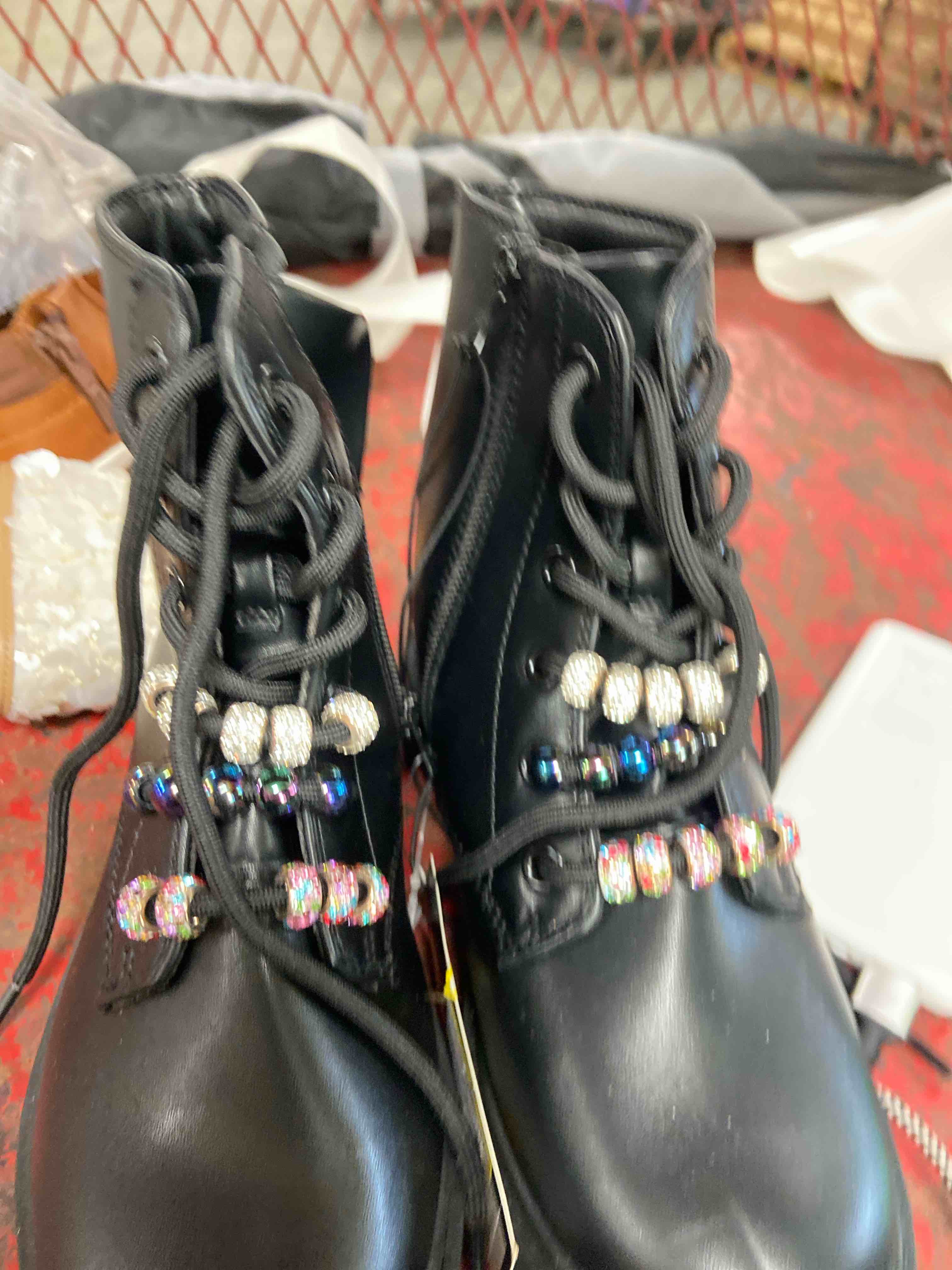 Condition photo showing New/Like New for kids' bronx lace-up combat boots - art class™ black 1: medium width, zipper closure, round toe, textured outsole
