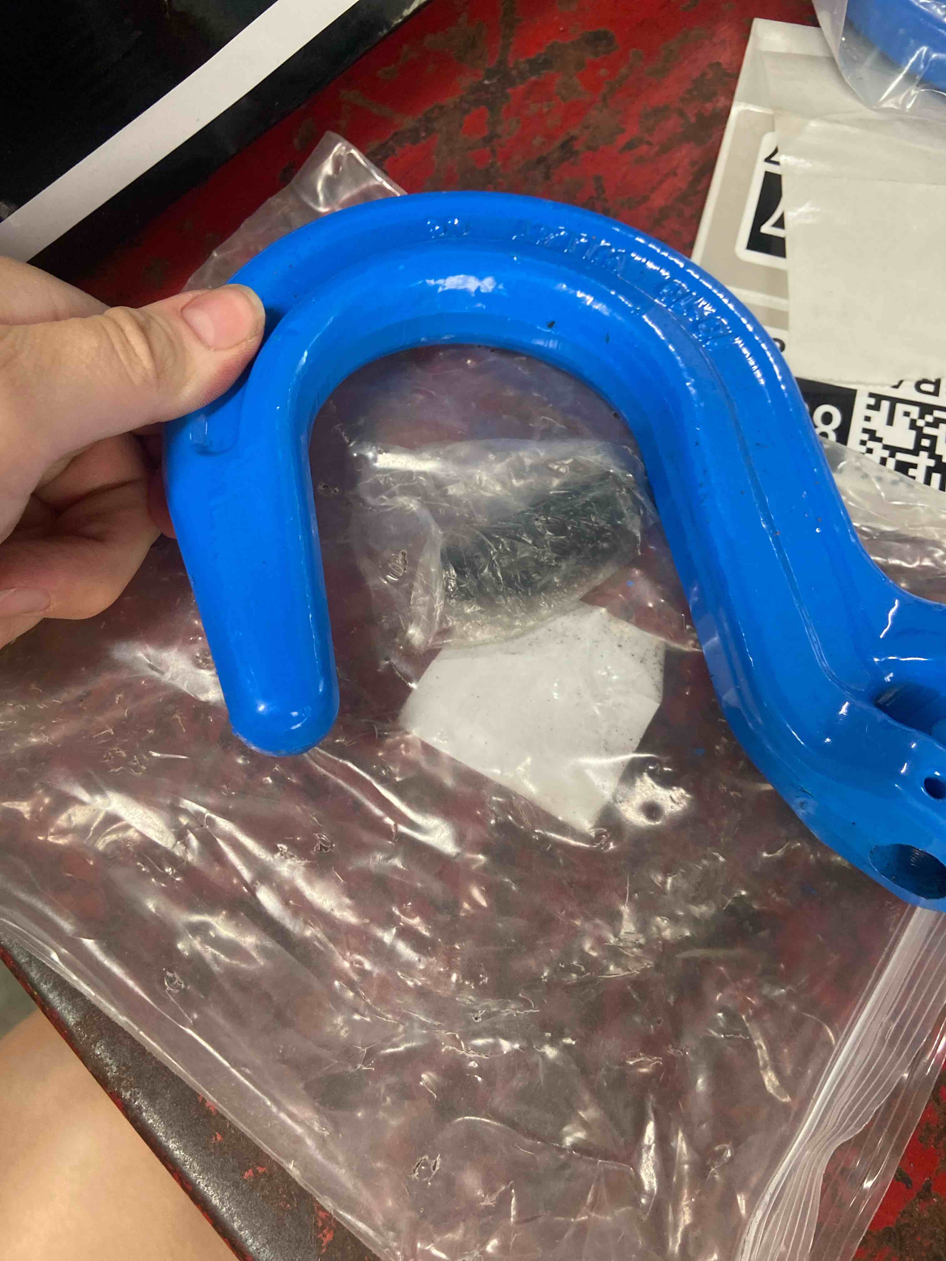 Condition photo showing New/Like New for qty. 2, ba products x-046-10 (x2), g 100 3/8" grade 100 foundry clevis pin hook for chain, cable, lifting, 8800 lb. wll