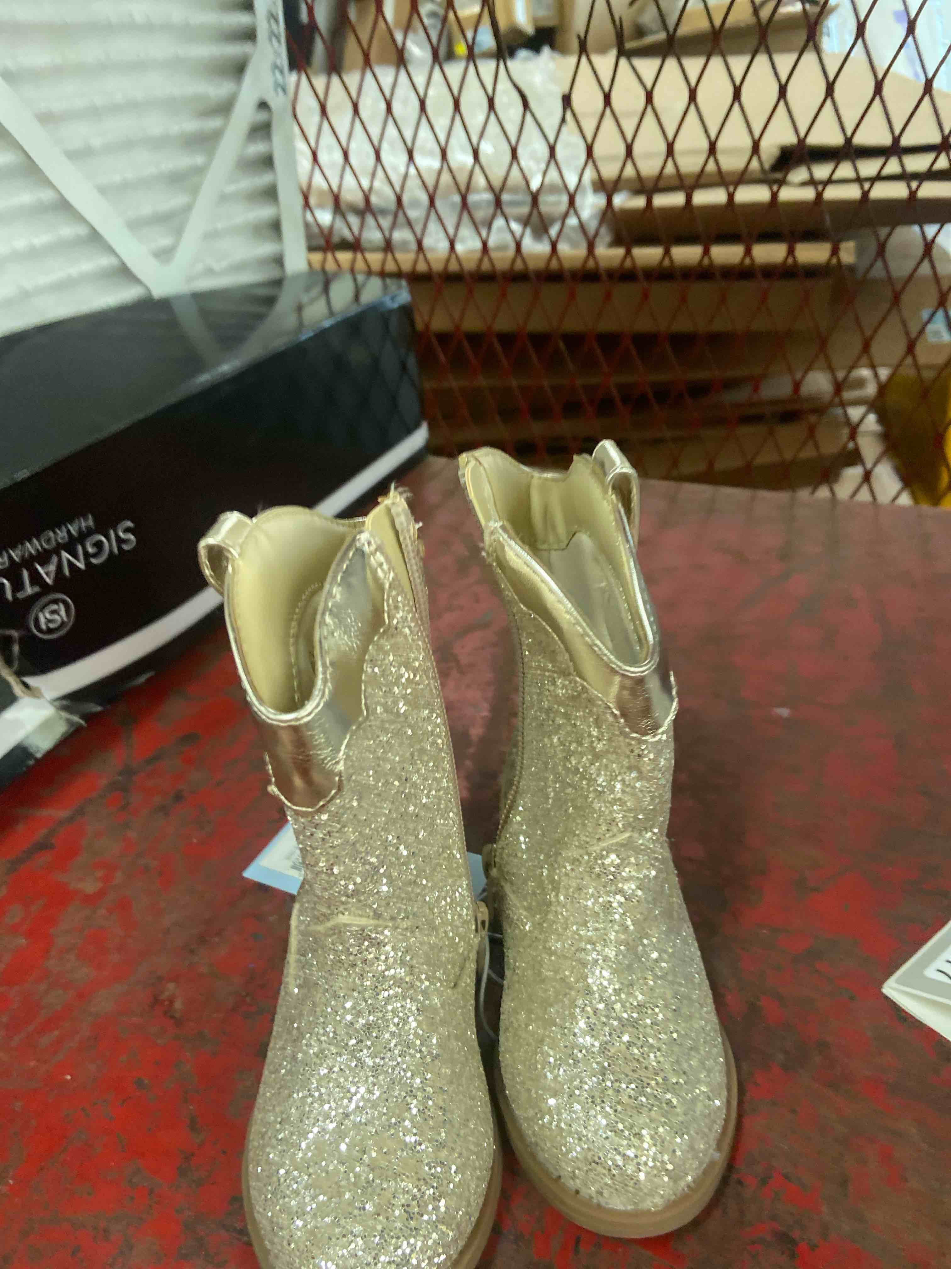 Condition photo showing New/Like New for toddler dallas glitter western boots - cat & jack™ gold 6t: zipper closure, flexible outsole, round toe