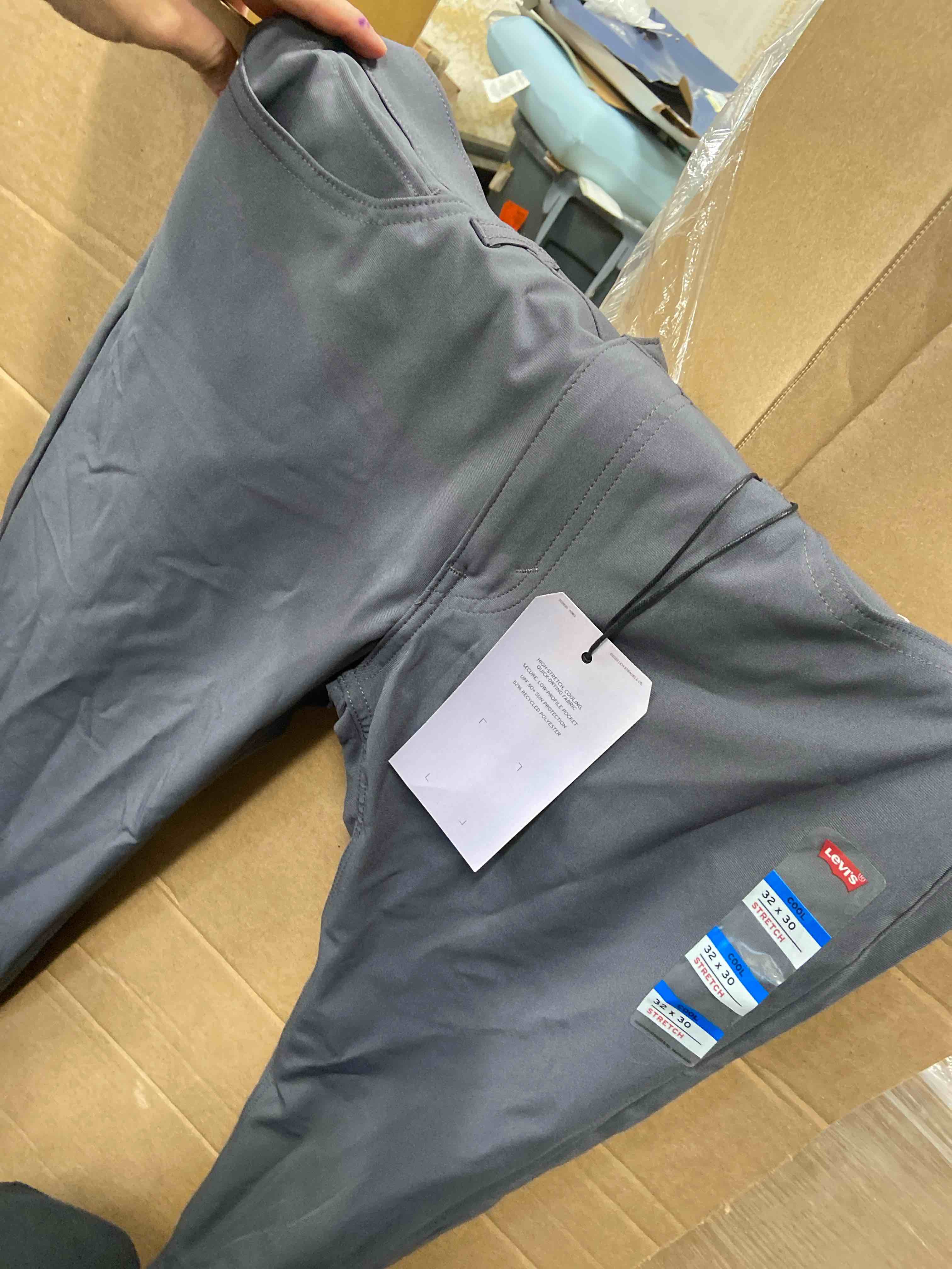 Condition photo showing New/Like New for levi's® men's 511™ slim tech five pocket pants - charcoal gray 32x30: midweight knit, stretch, mid rise, fly button closure