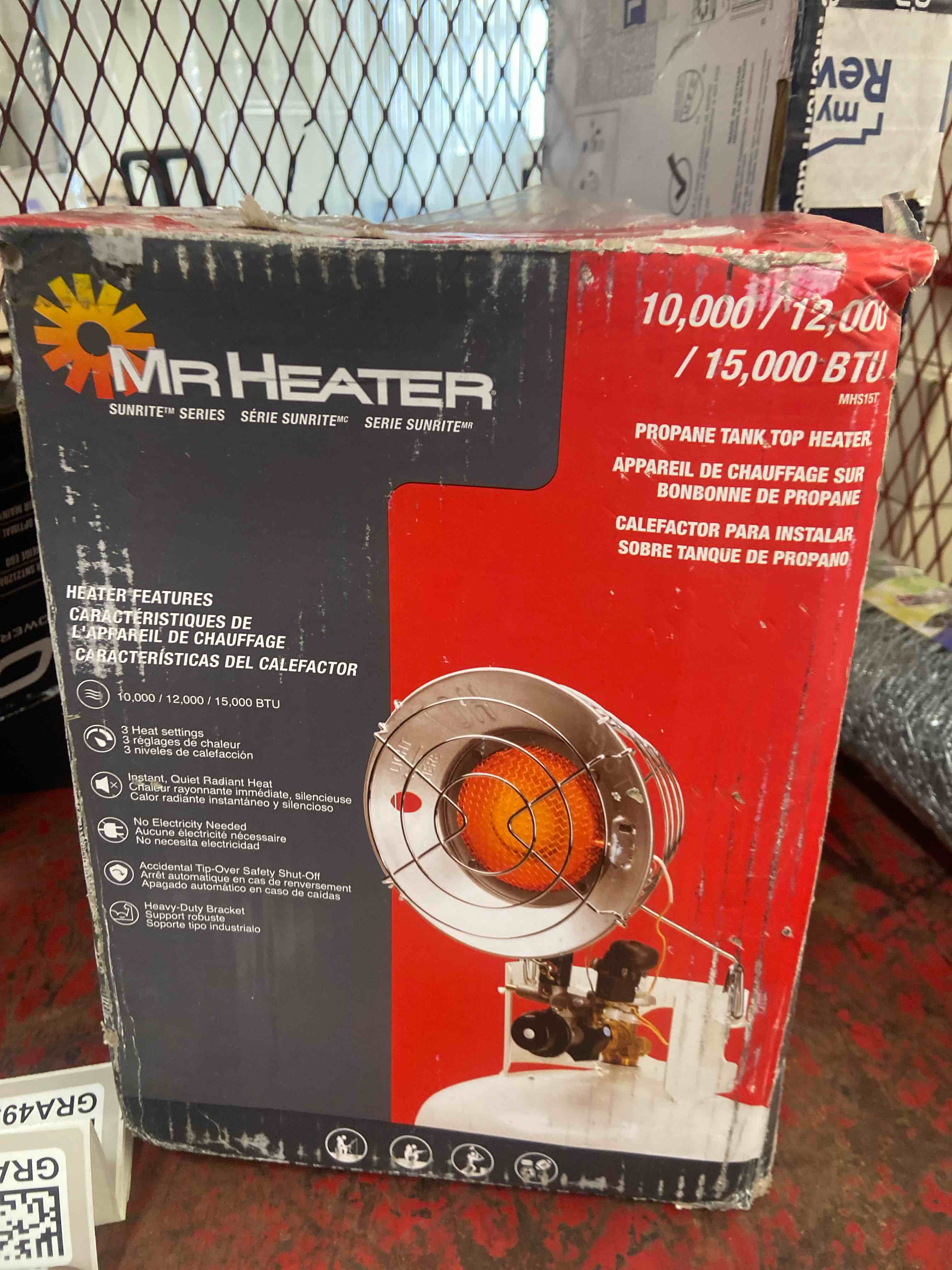 Condition photo showing Good Condition for 15,000 btu single tank top portable propane radiant heater,grey/ silver space heater