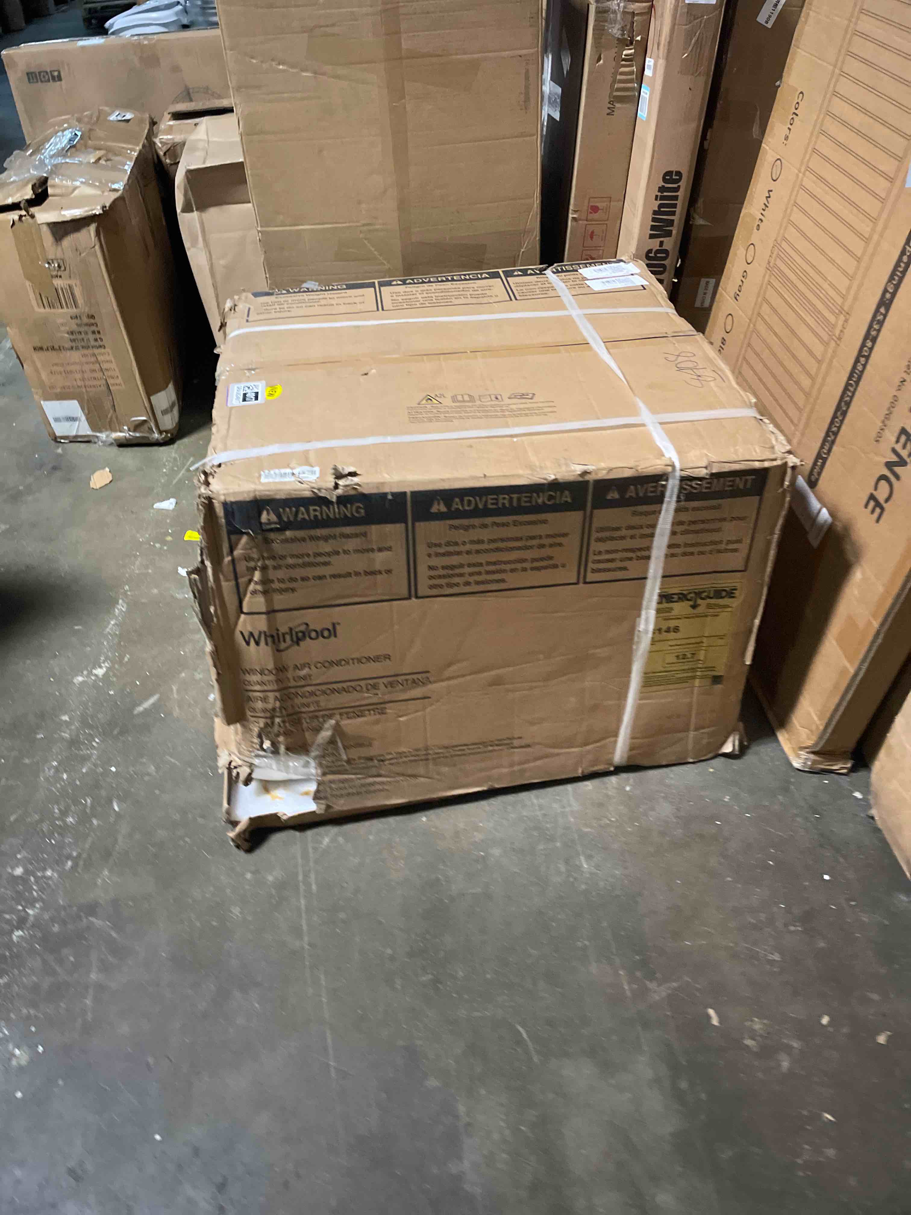 Condition photo showing As Is for whirlpool whaw151cw 15,000 btu air conditioner with dehumidifier, 115v, window ac 700 sq. ft, living room, bedroom, or kitchen, with remote control, auto-restart, and 24h-timer, bright white 15,000 btu cool only 115v bright white