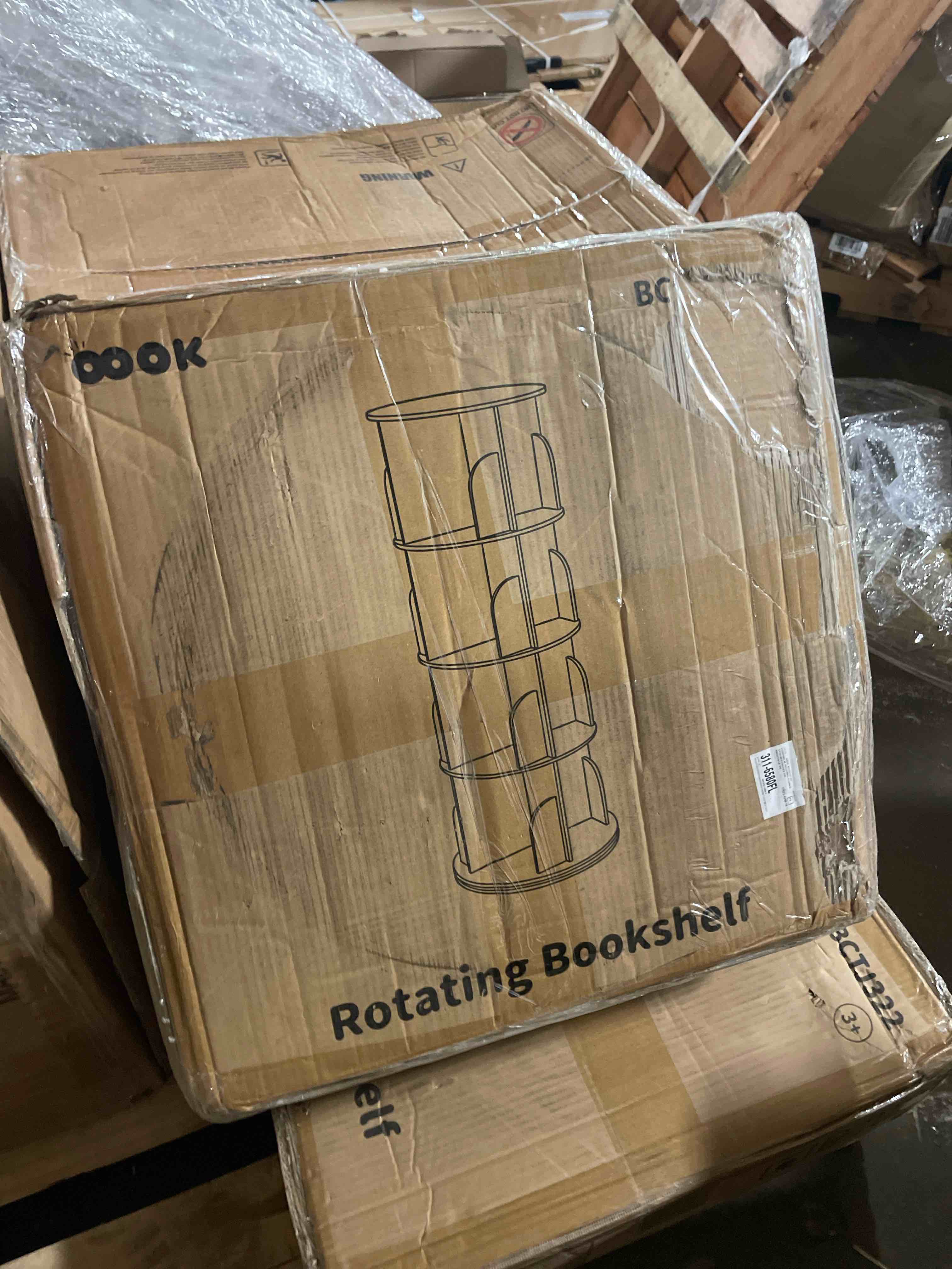 Condition photo showing Good Condition for runsunspri 4 tier rotating bookshelf tower, spinning bookshelf, revolving 360° bookcase storage round carousel, vertical rotate turning spiral corner organizer lazy susan, white