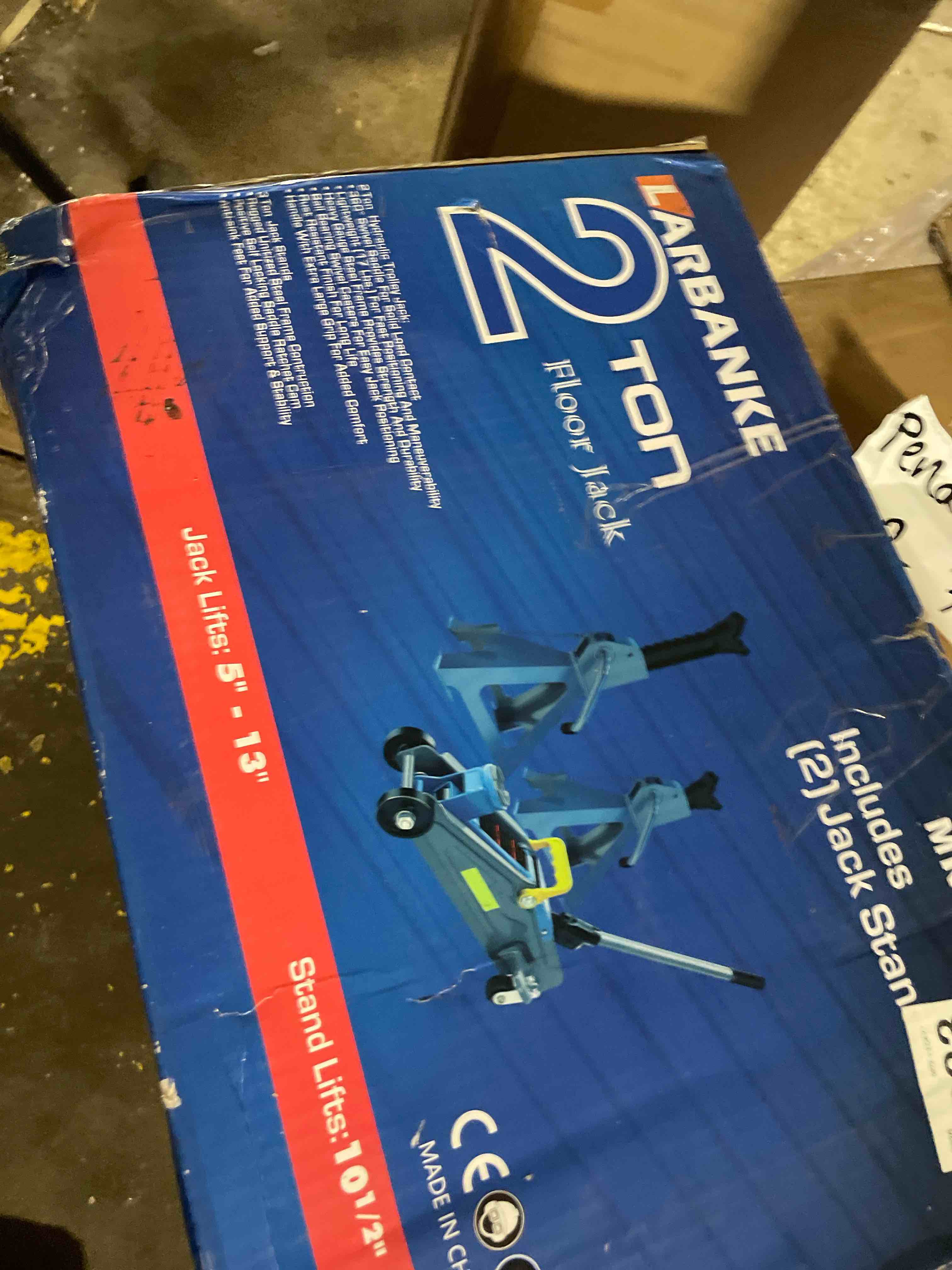 Condition photo showing New/Like New for 2 ton floor jack & 3 ton jack stands combo, low profile | 2 ton low profile floor jack + 2pc 3 ton ratchet stands. quick-lift pump & reflective strips for safe day/night use