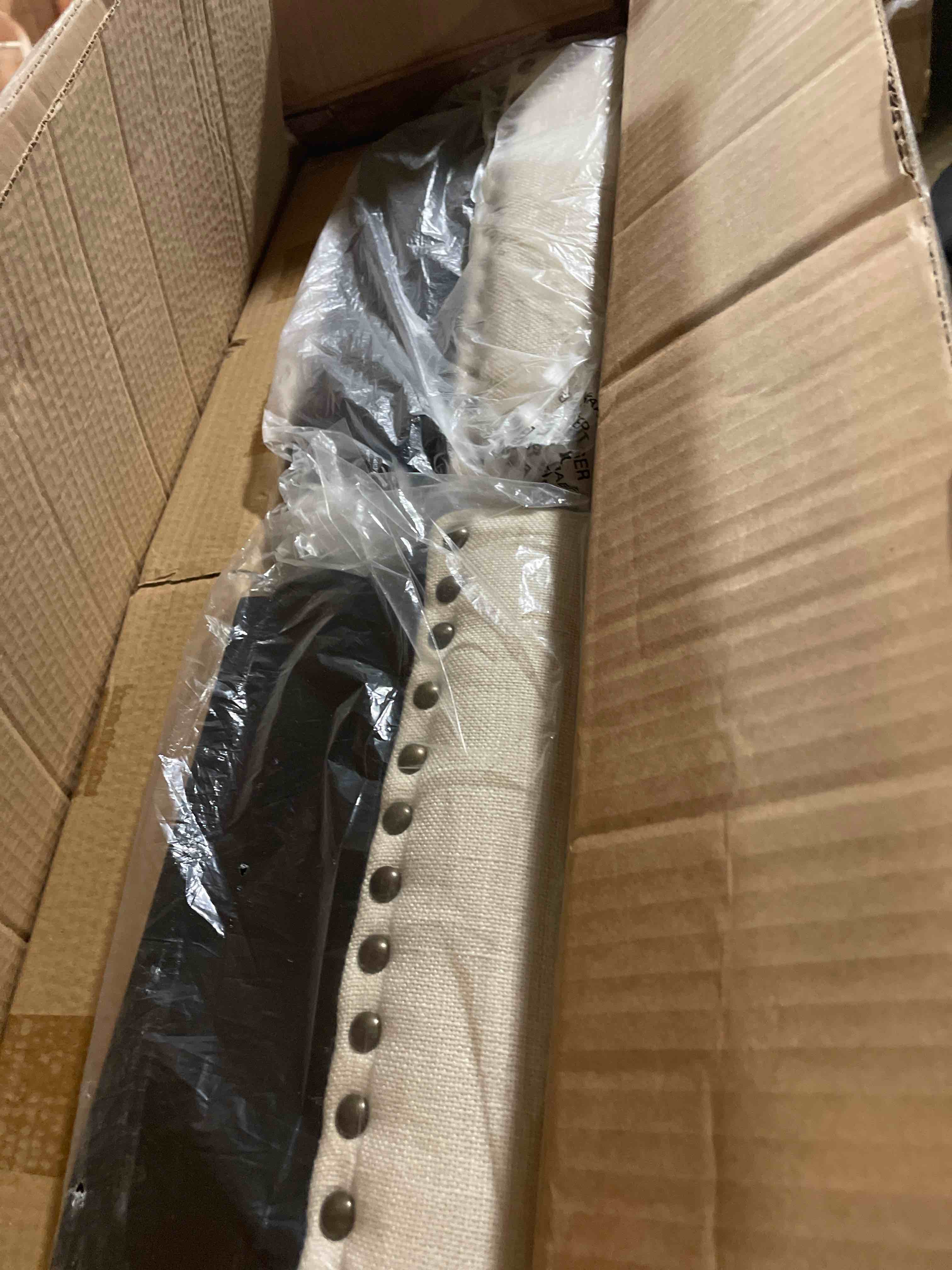 Condition photo showing New/Like New for homestock counter stool modern, 26 inch height, stylish upholstered seat, wood frame, nailhead accents, bar furniture