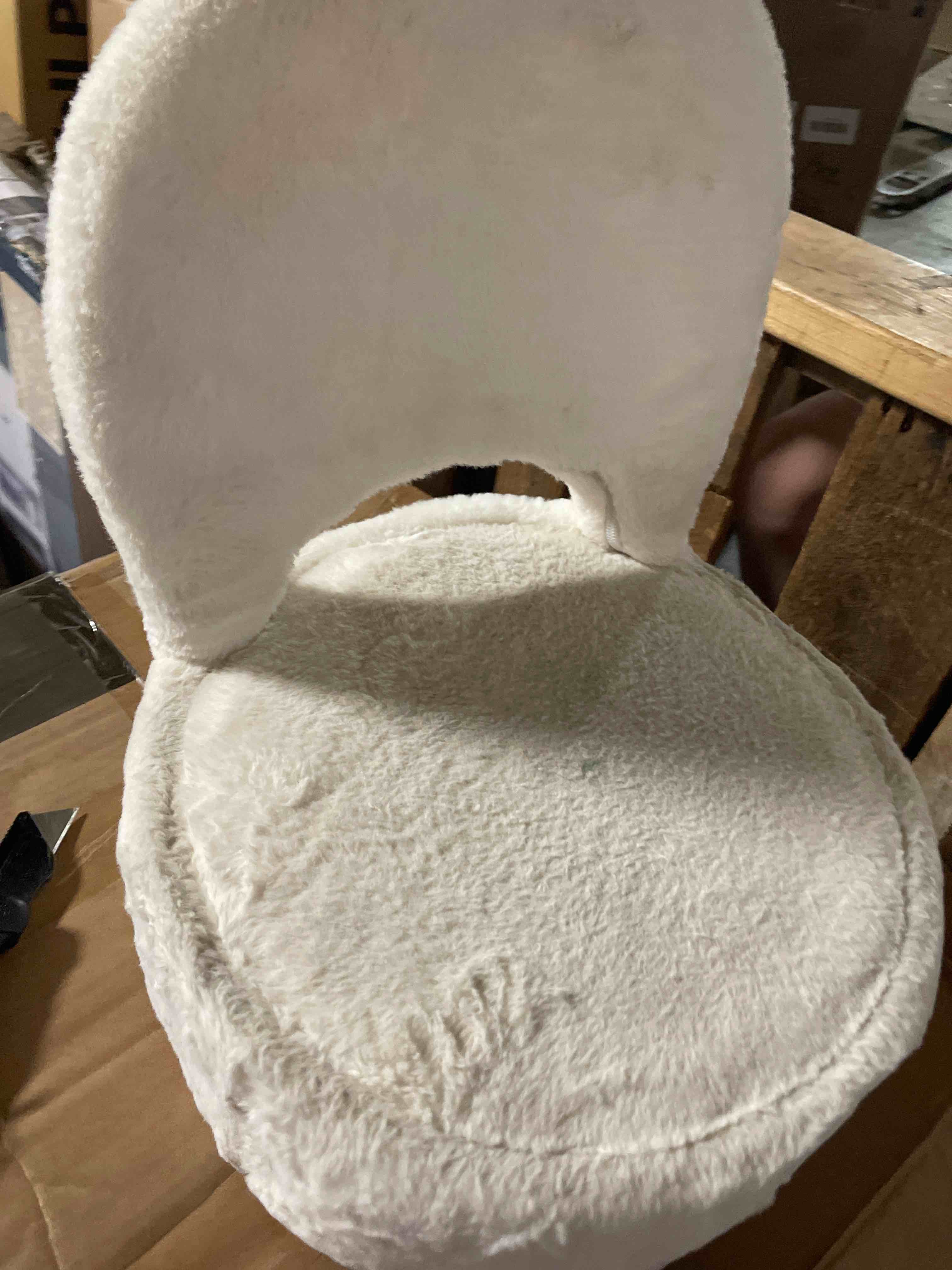 Condition photo showing New/Like New for small vanity stool chair with storage and folding back,4 metal legs with anti-slip feet,round ottoman with velvet seat, furry padded seat for makeup, bedroom (white, small) white 13"d x 13"w x 17.7"h