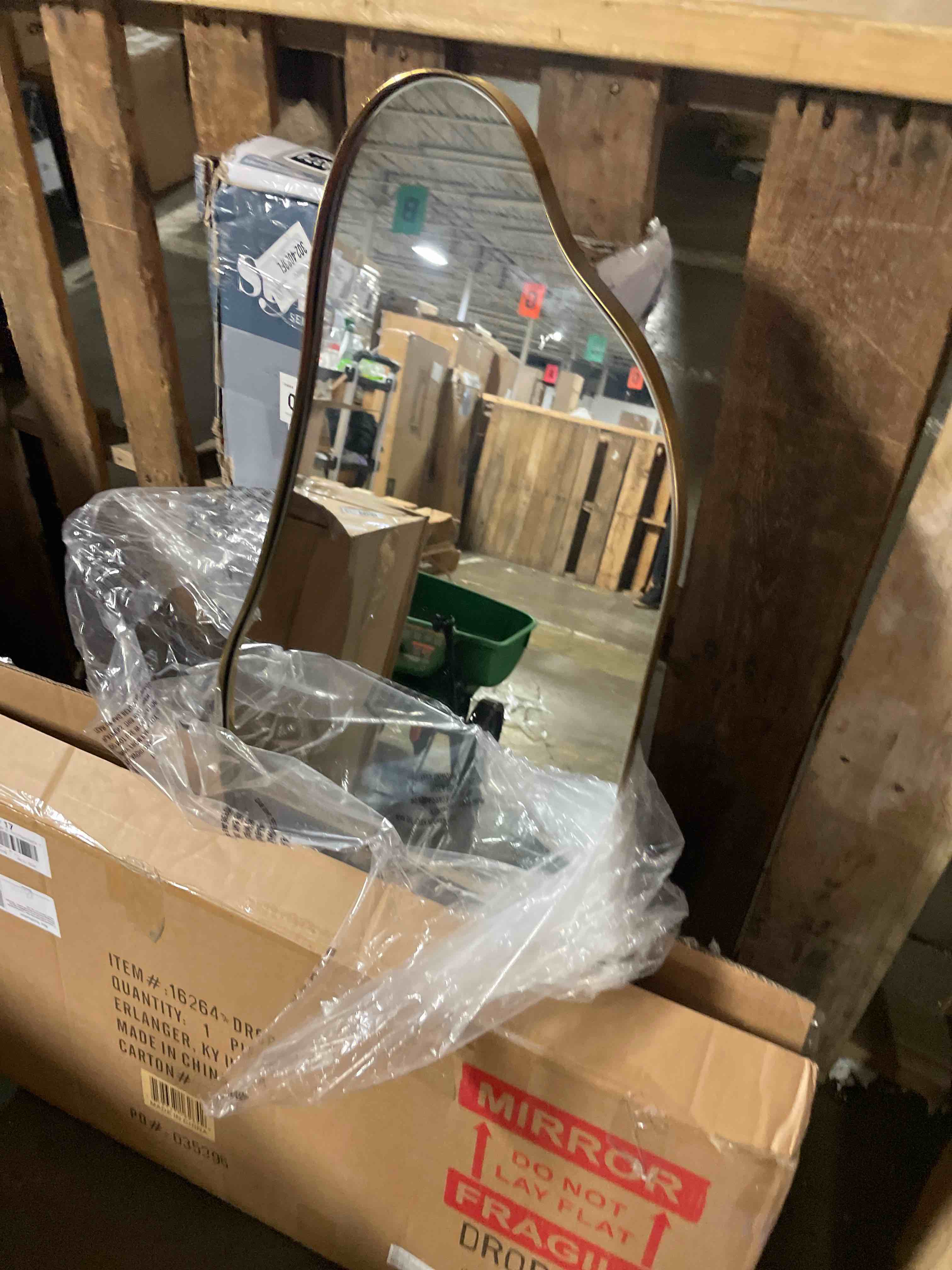 Condition photo showing New/Like New for irregular wall mirror 20"x36" gold abstract asymmetrical mirrors for wall, decorative wavy mirror for entryway, bedroom, cloakroom, living room, aluminum alloy frame