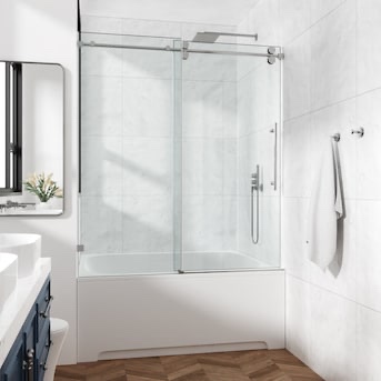 cozy brushed nickel 50-in to 55-in w x 60-in h frameless clear glass single sliding shower door
