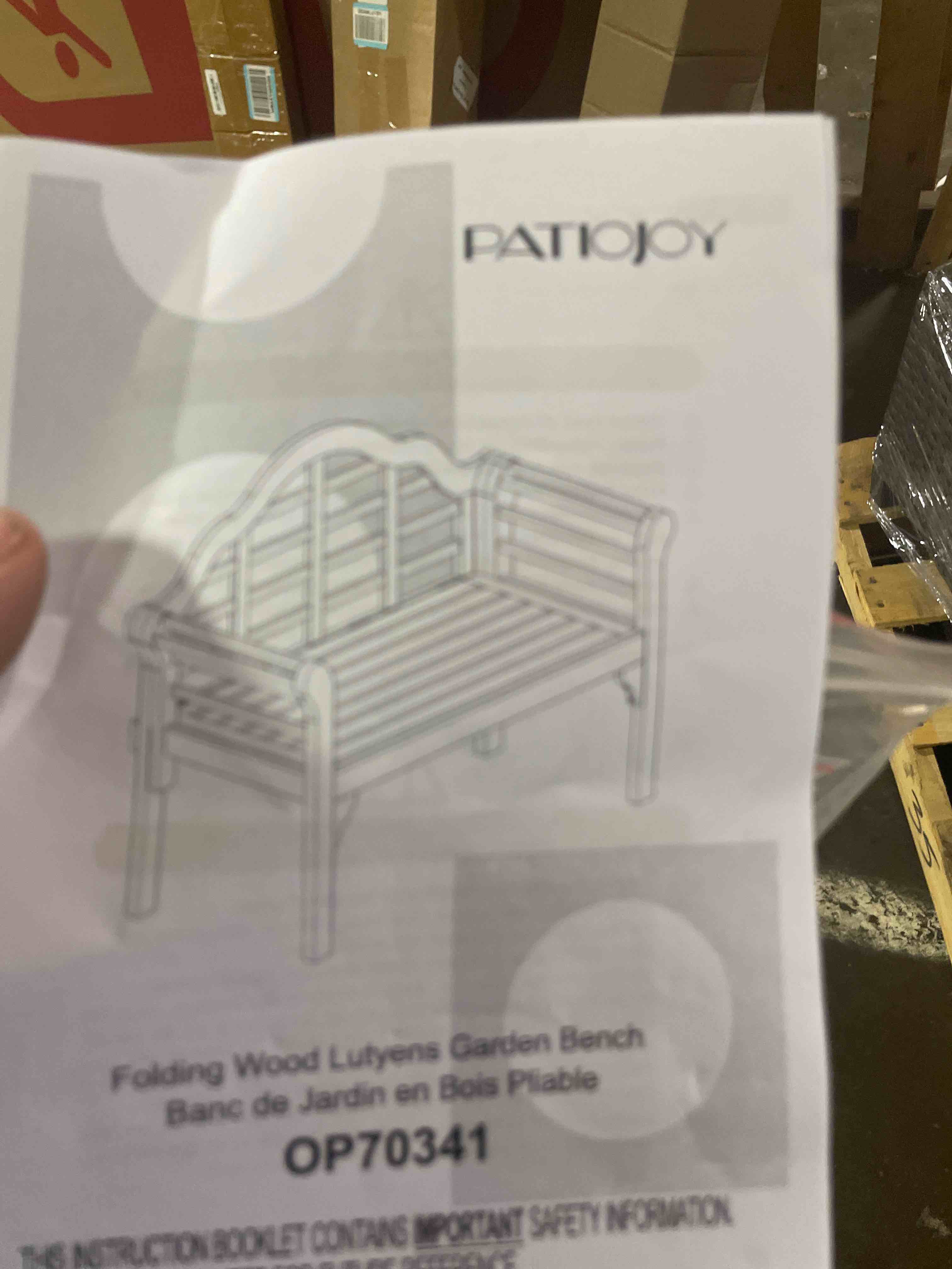 Condition photo showing New/Like New for outdoor folding bench, 4 ft foldable wood garden bench, two person solid loveseat chair for garden, patio, porch, poolside, balcony
